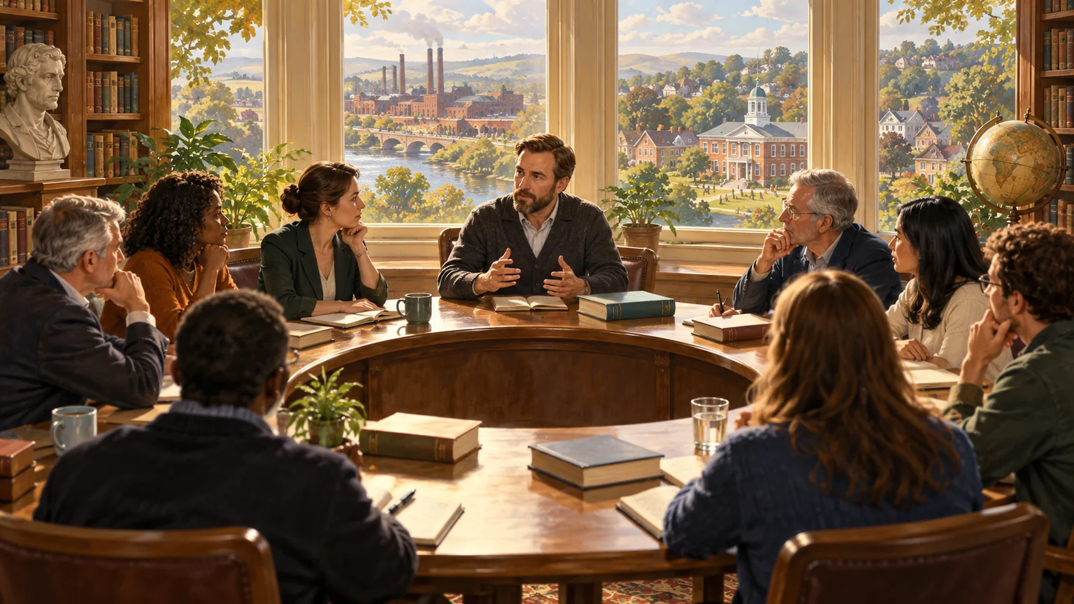 AI-assisted editorial illustration of JD Vance and adults at a conceptual civic discussion table overlooking a town.