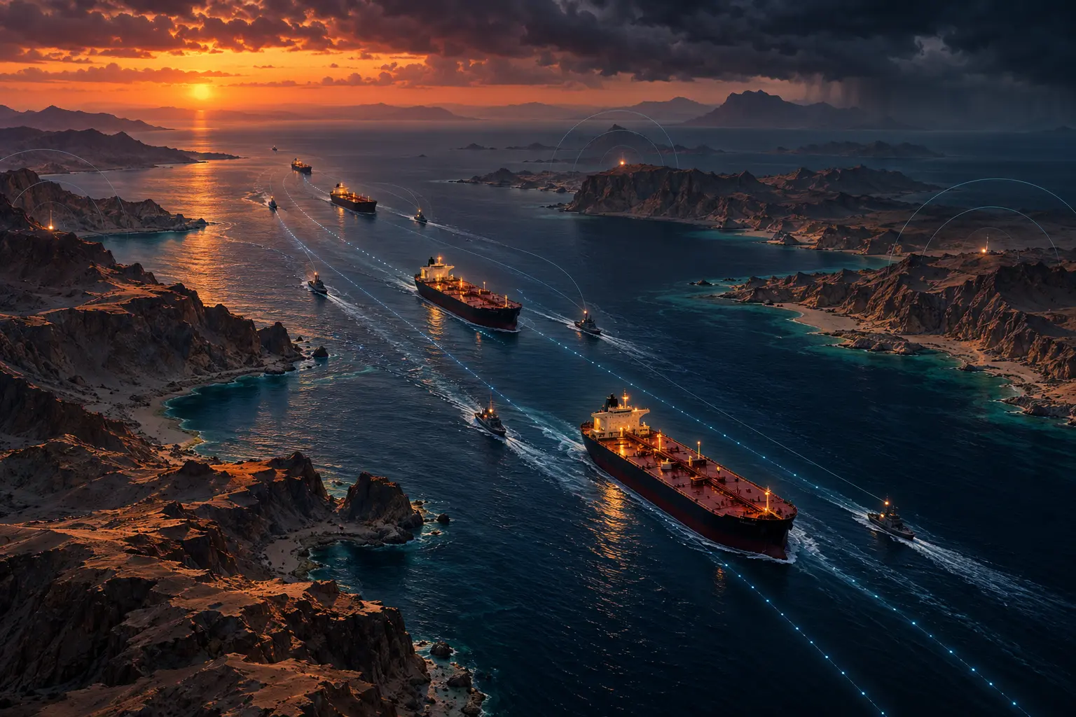 AI-assisted editorial illustration of oil tankers moving through a conceptual Strait of Hormuz shipping corridor at sunset.
