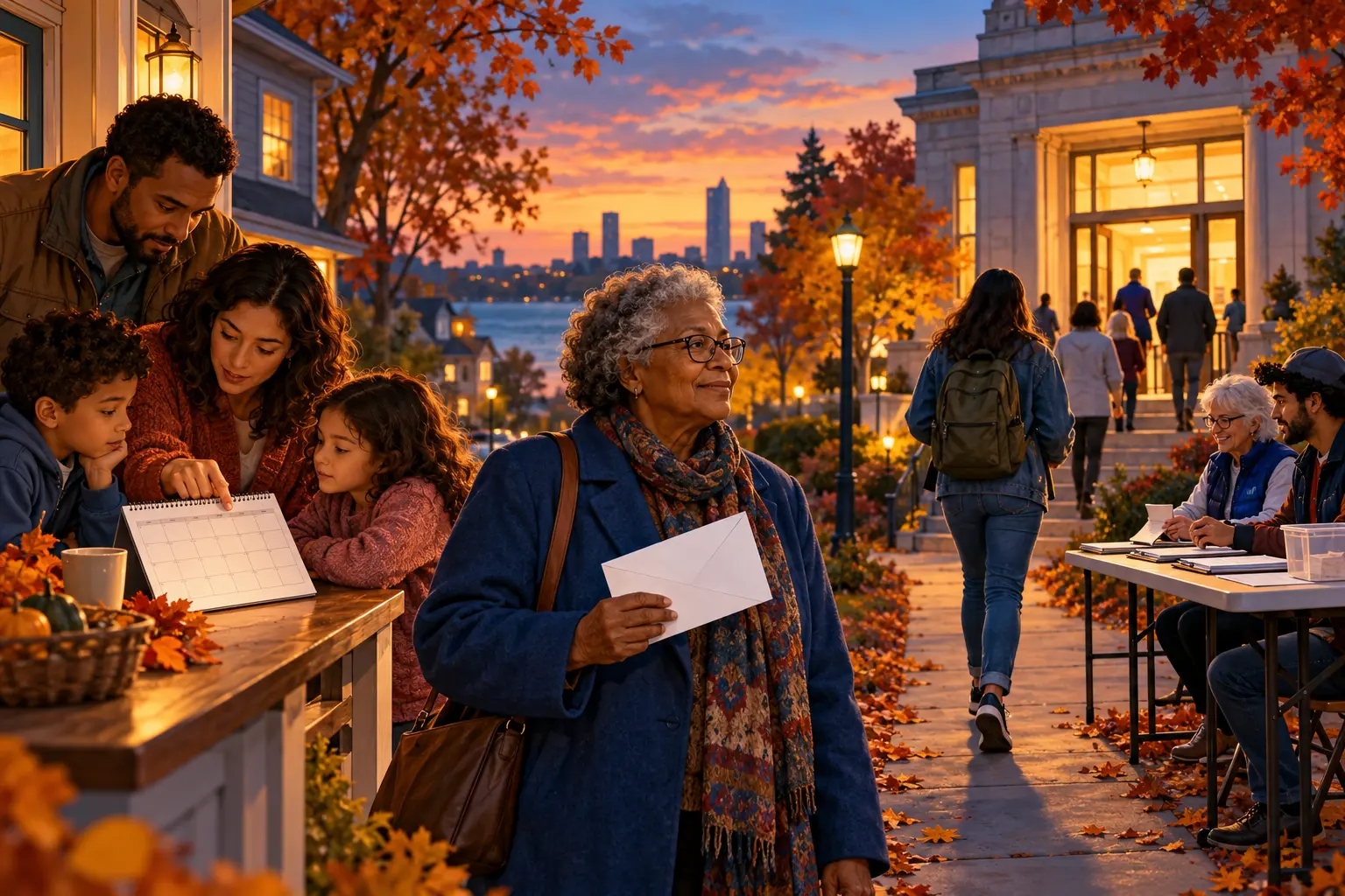 AI-assisted editorial illustration of Michigan residents making voting plans beside a civic building on an autumn evening.