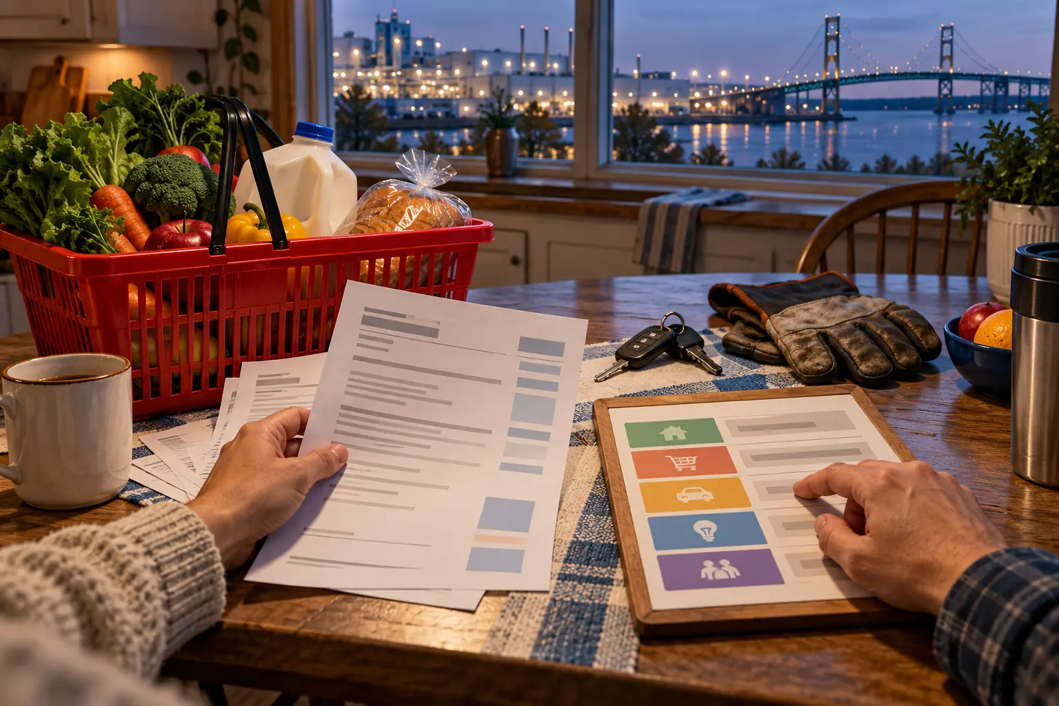 AI-assisted editorial illustration of a Michigan household comparing grocery, utility and automotive costs at a kitchen table