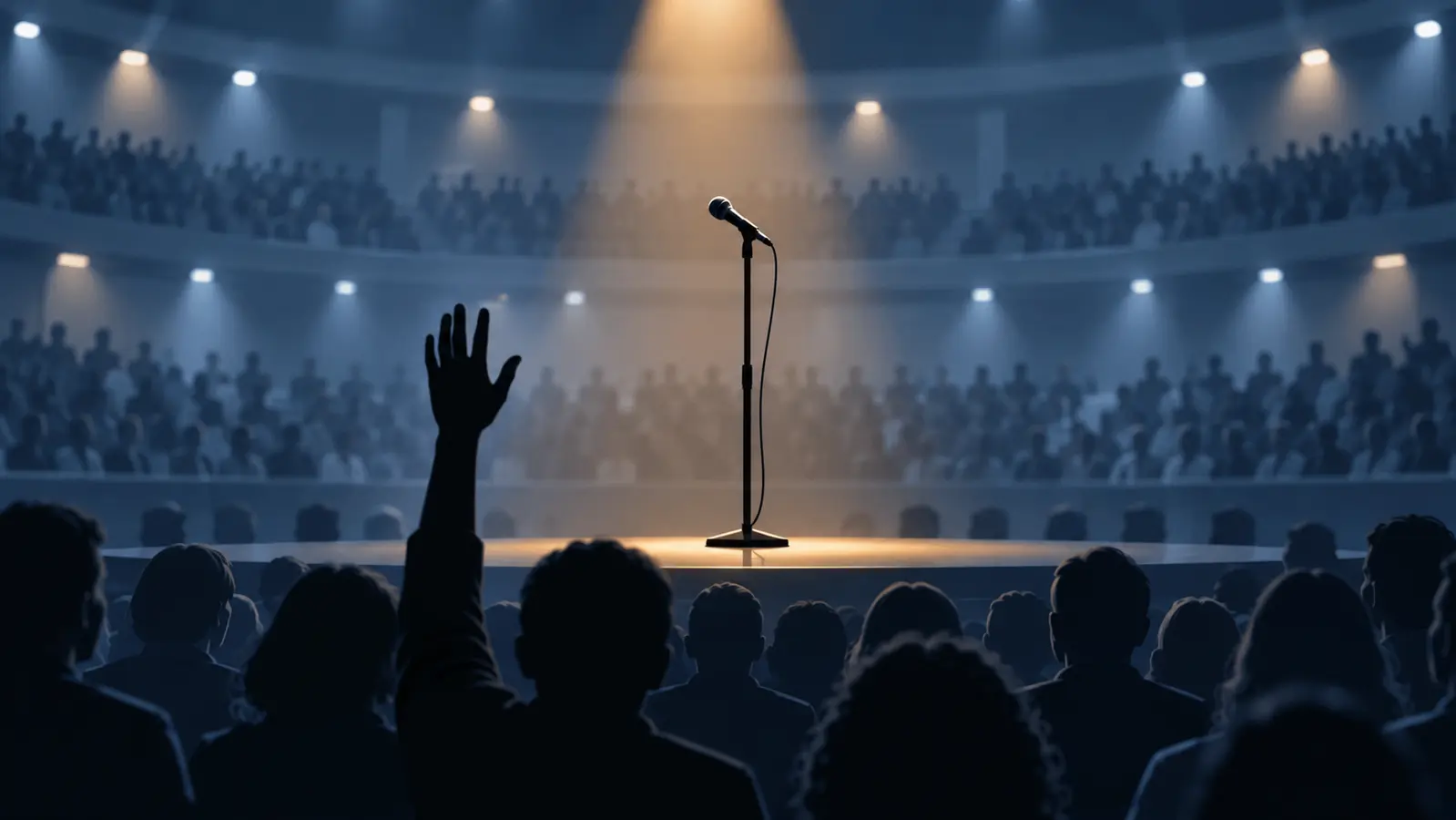 AI-assisted editorial illustration of an empty microphone under a spotlight with a raised audience hand in silhouette.