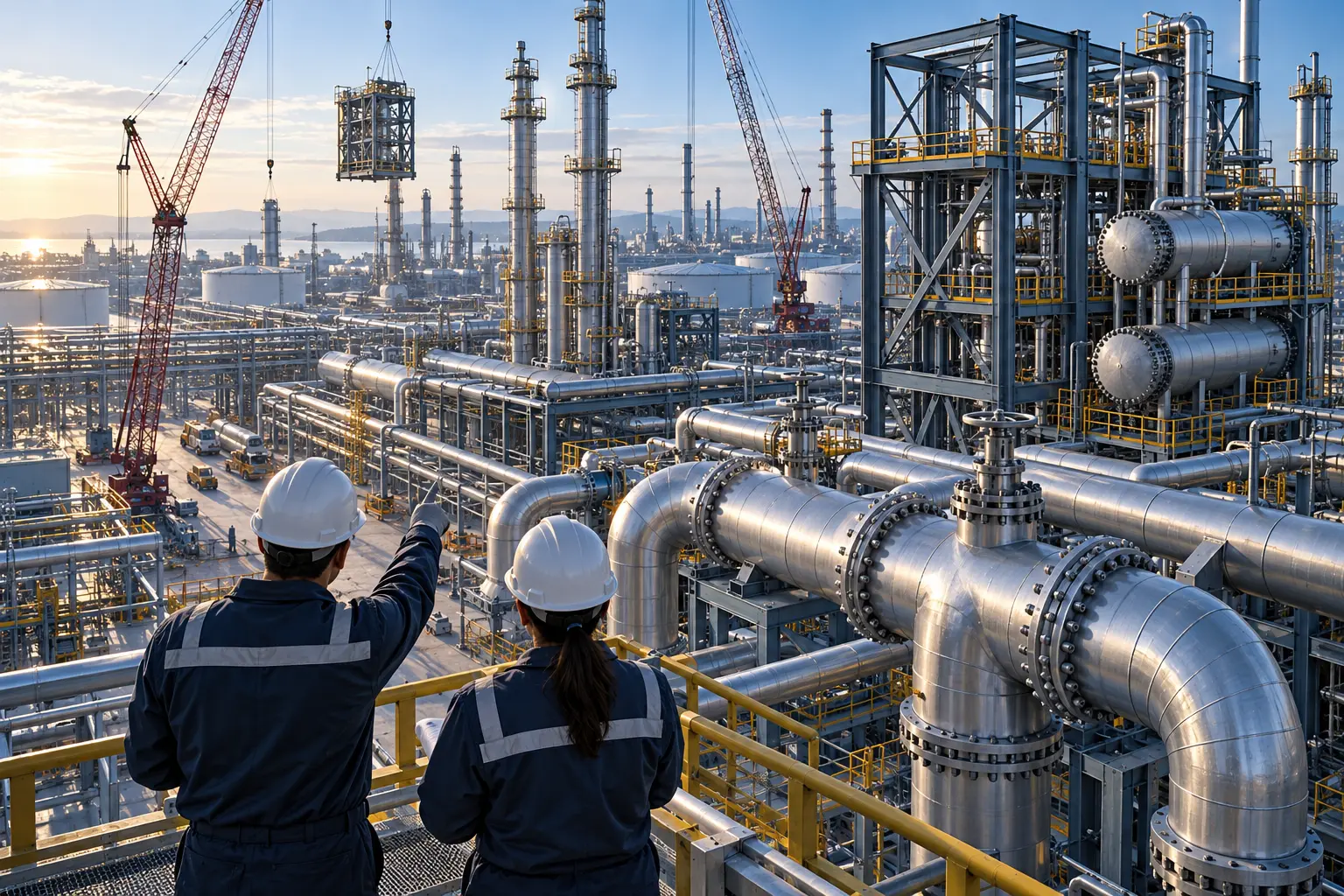 AI-assisted editorial illustration of engineers observing new refinery modules, pipework and cranes during a conceptual capacity expansion.