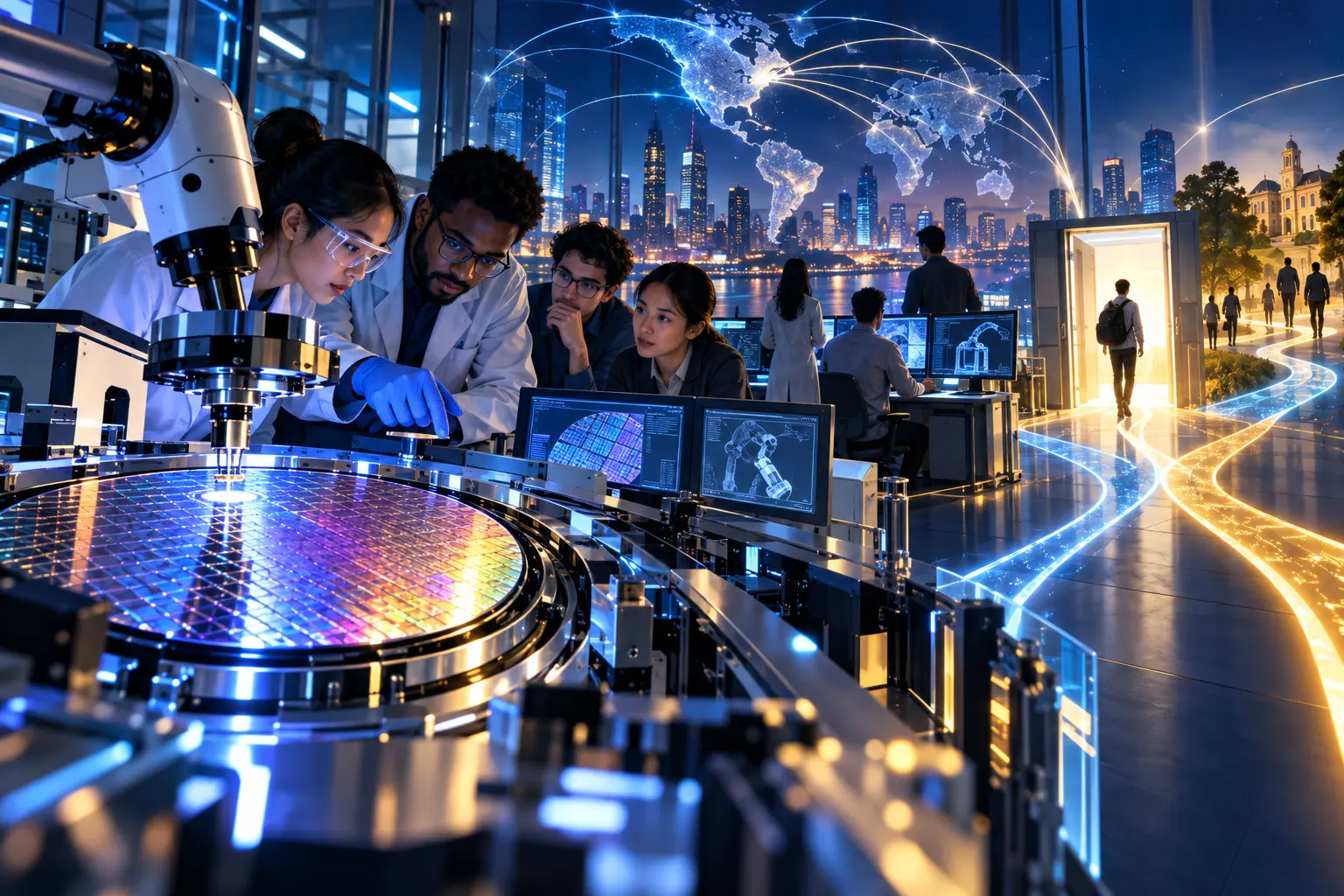 AI-assisted editorial illustration of engineers in an advanced semiconductor laboratory with branching global talent pathways.