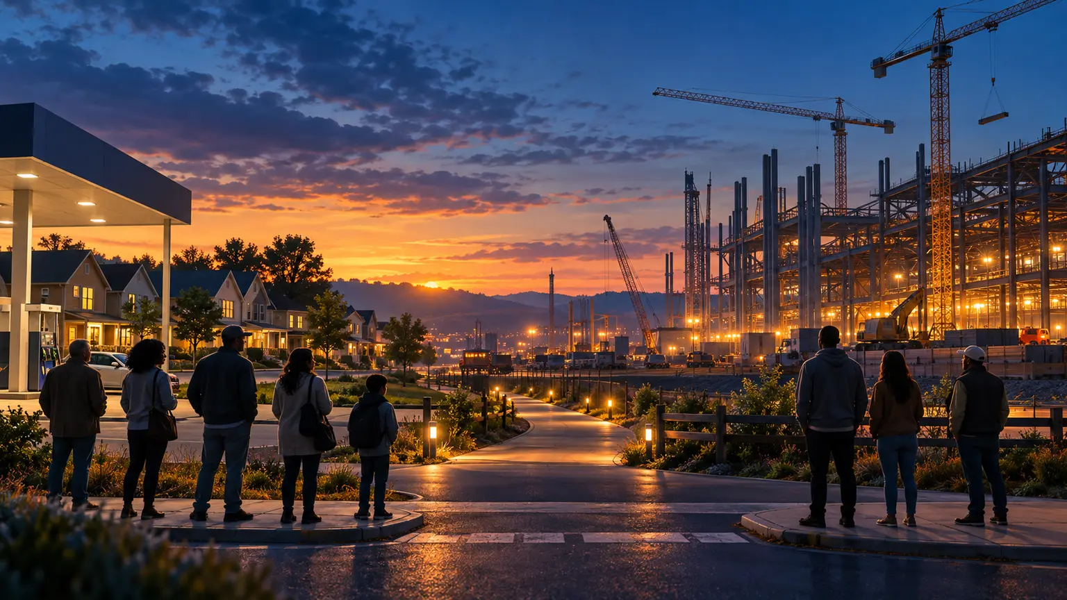 AI-assisted editorial illustration of voters between modest homes and an unfinished factory at dusk, symbolizing present costs and future investment.
