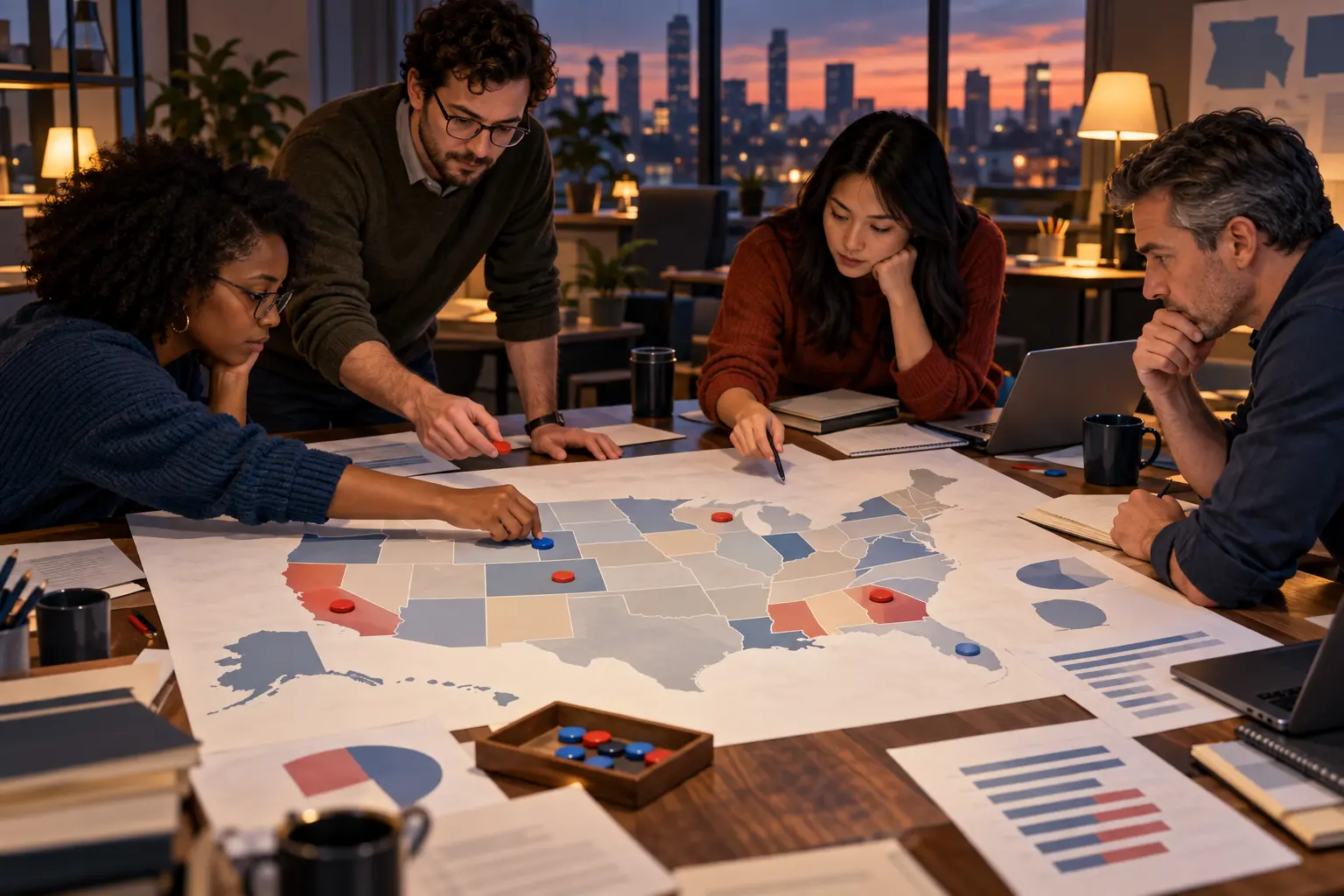 AI-assisted editorial illustration of campaign volunteers tracking several competitive U.S. Senate states on a map