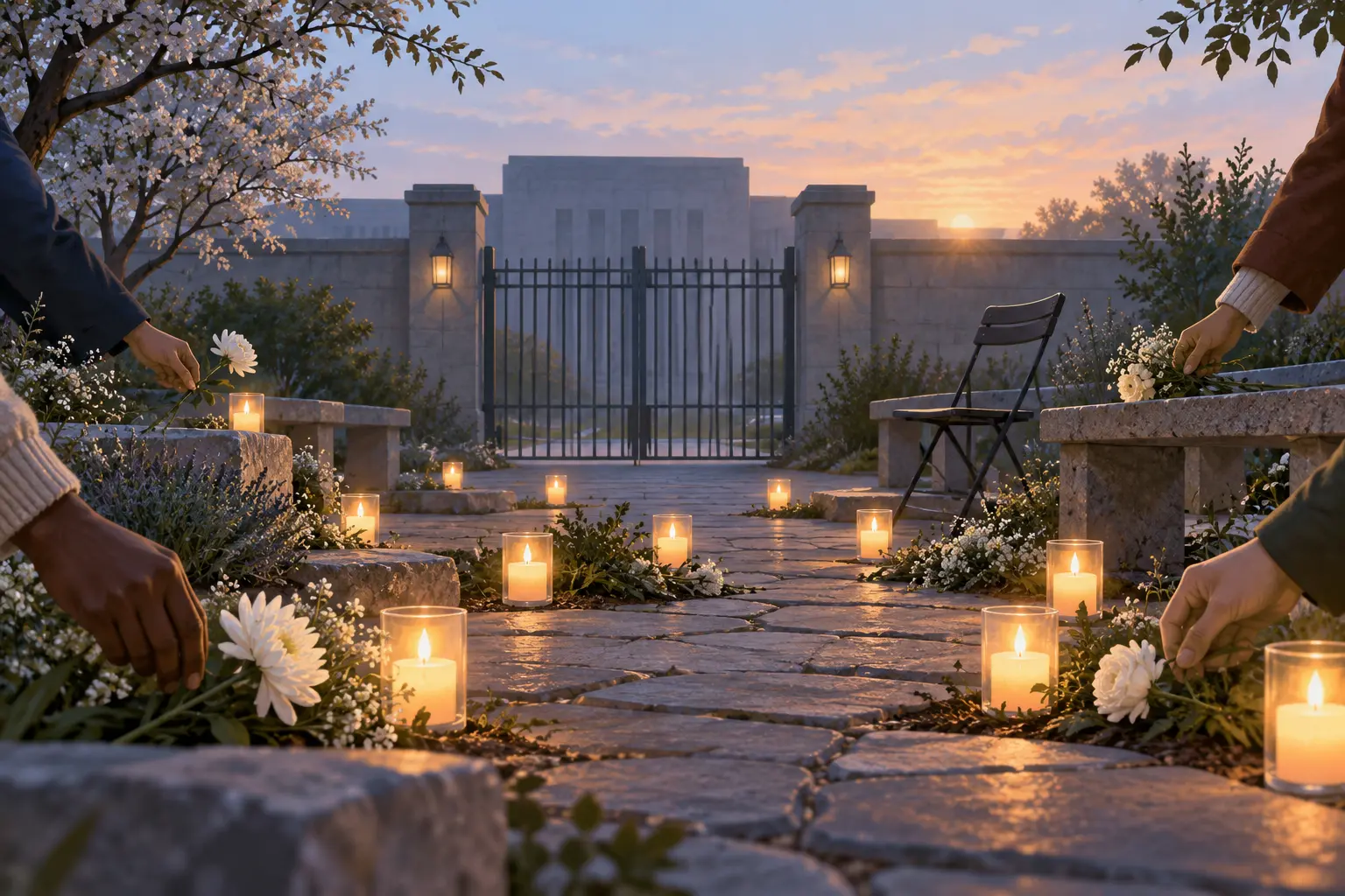 AI-assisted editorial illustration of anonymous hands placing white flowers in a quiet memorial garden at dawn.