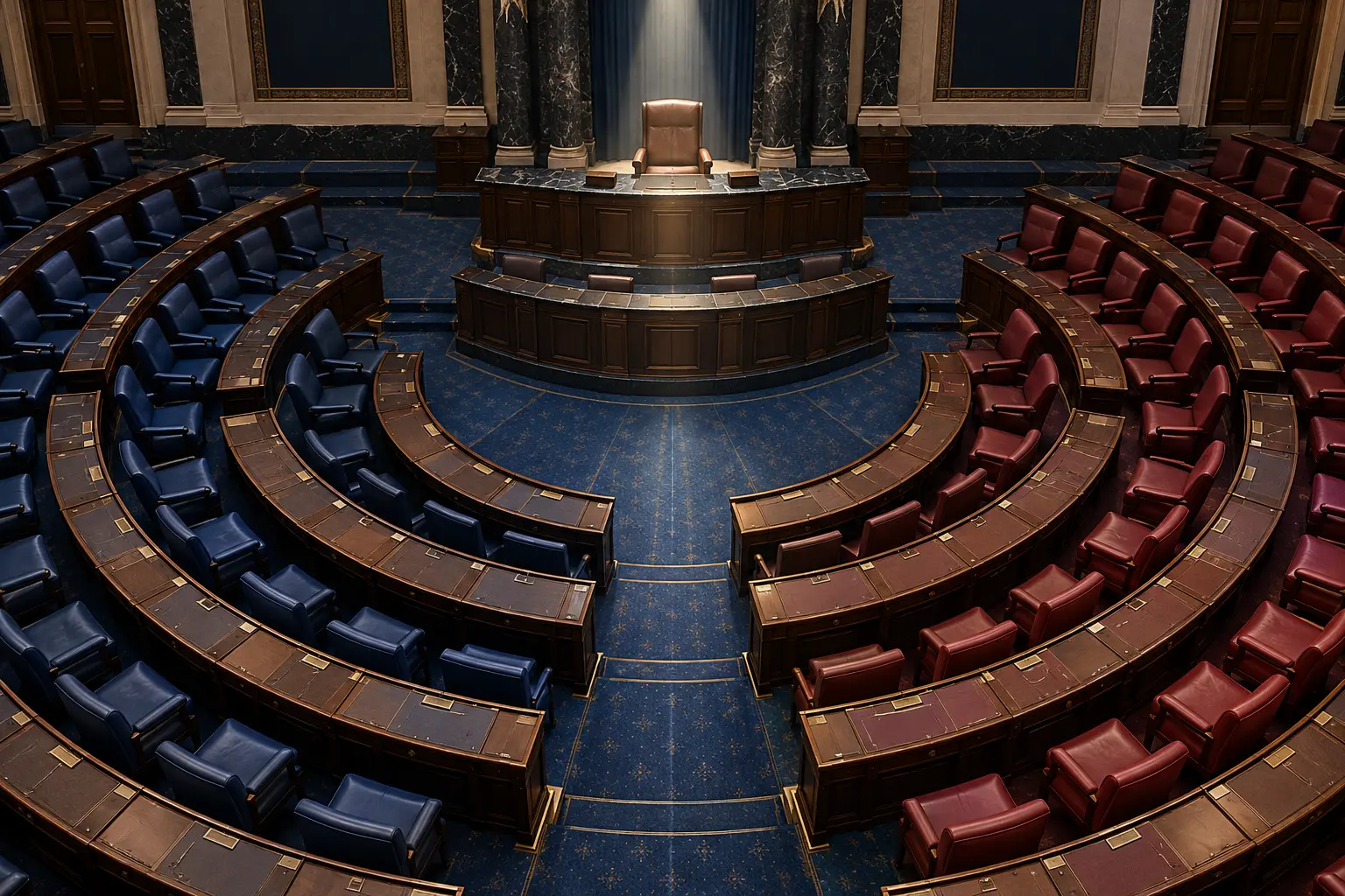 AI-assisted editorial illustration of a balanced Senate seating chart with an empty central deciding chair