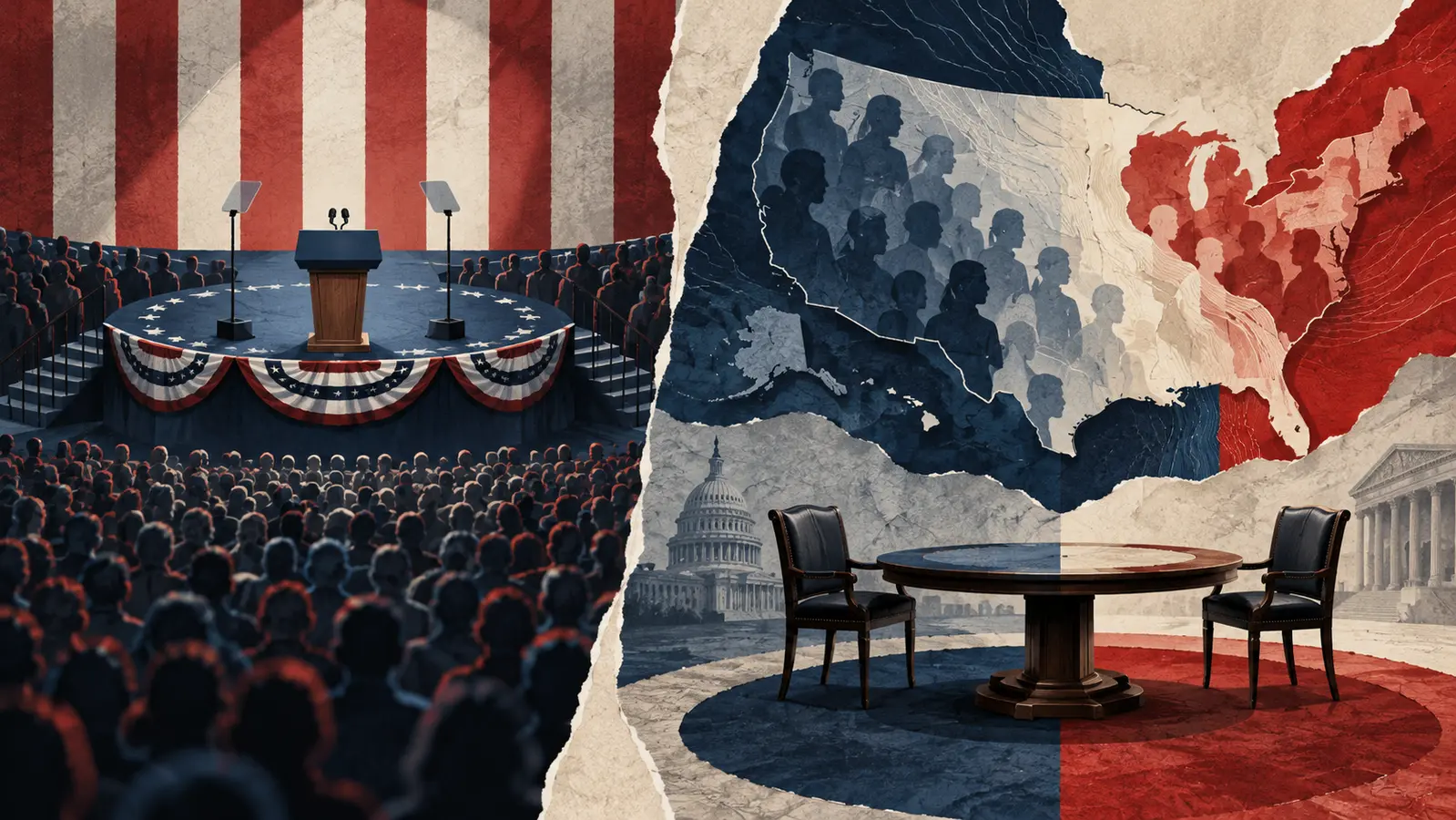 AI-assisted editorial illustration combining a generic campaign rally, a map of the United States and an empty civic debate table.