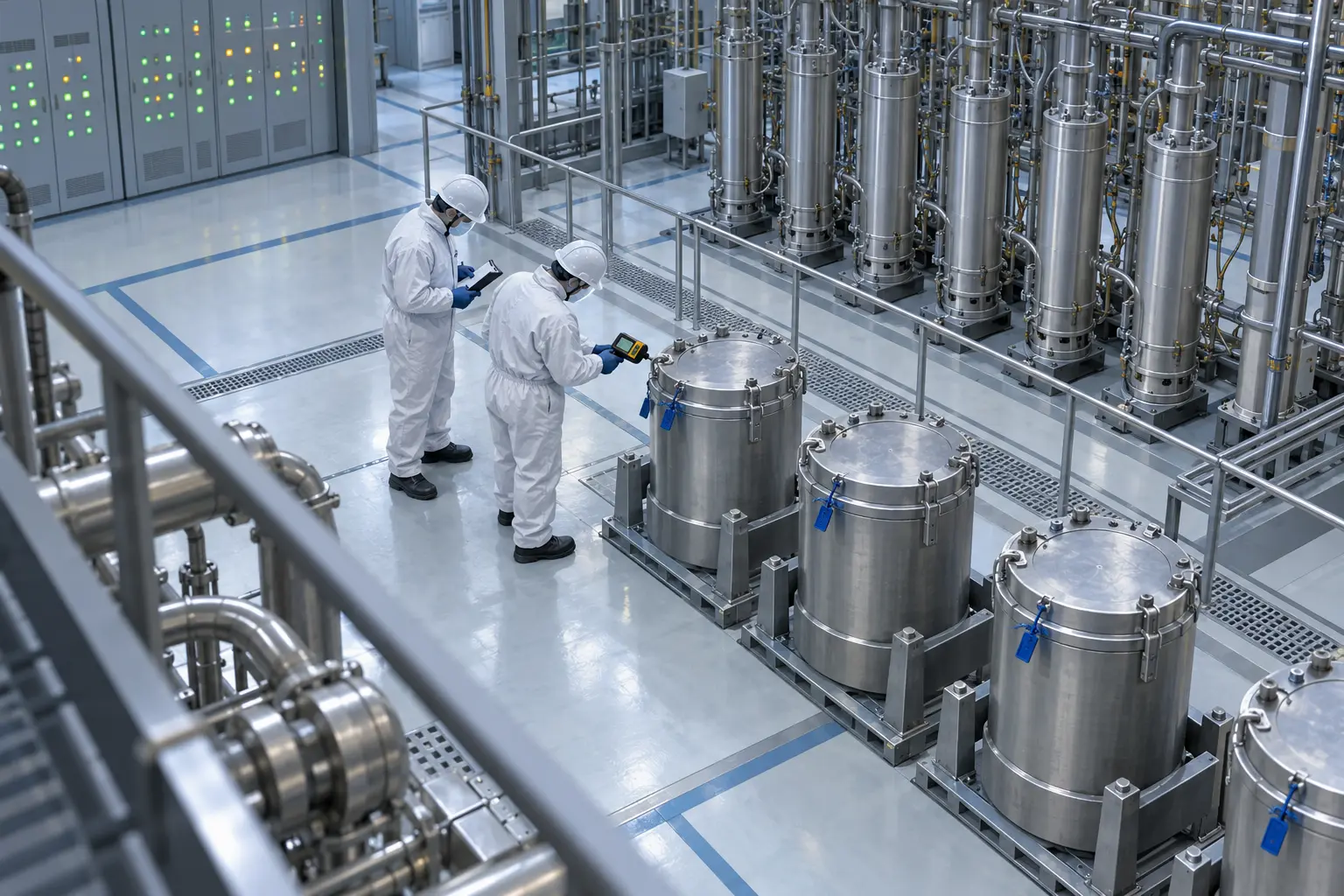 AI-assisted editorial illustration of inspectors checking sealed nuclear-material containers inside an enrichment facility.