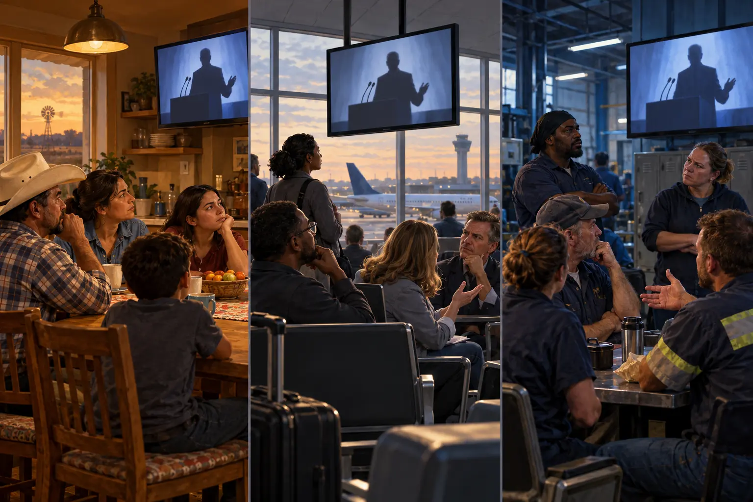 AI-assisted editorial illustration of Texas families, Georgia travelers and Michigan factory workers watching and discussing a political broadcast.