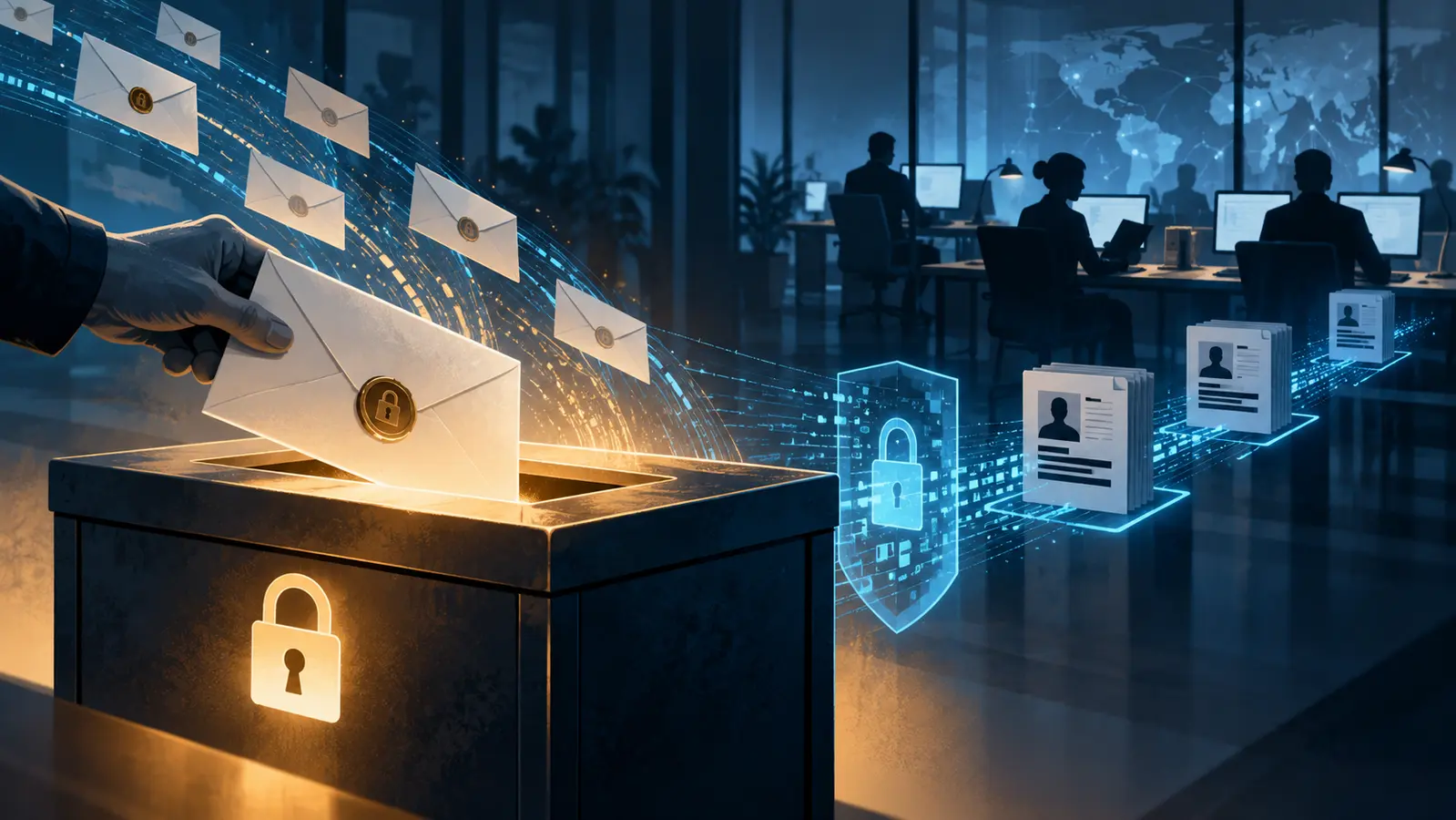 AI-assisted editorial illustration of sealed envelopes entering a secure tip box as investigators review anonymized case files.