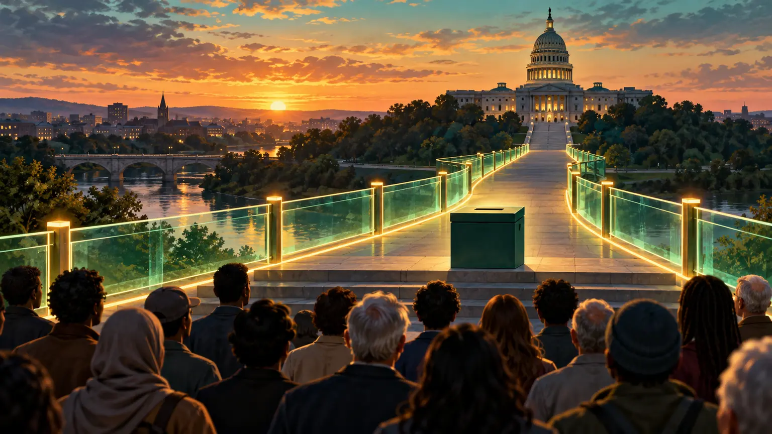 AI-assisted editorial illustration of a civic audience, ballot box and illuminated guardrails leading toward a capitol at sunset.
