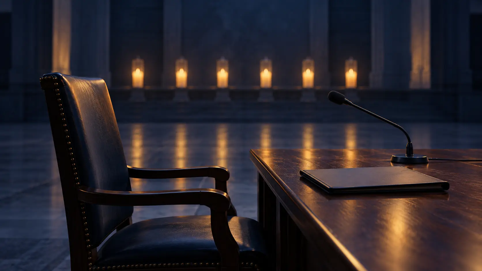 AI-assisted editorial illustration of an empty town-hall chair, microphone, blank briefing folder and six memorial lights.