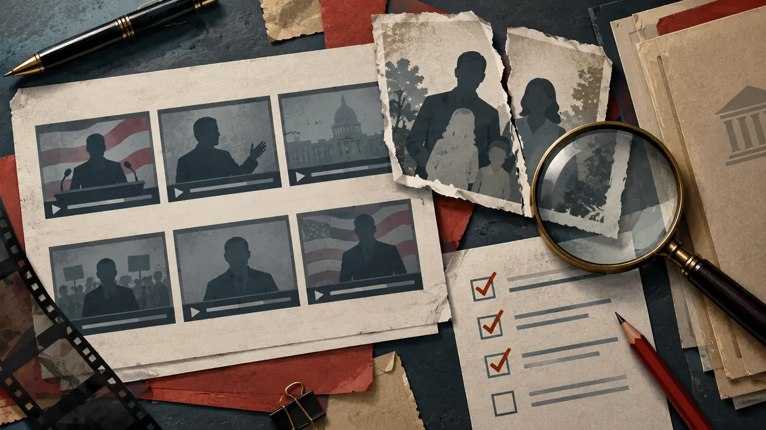 AI-assisted editorial illustration of an anonymous campaign storyboard, torn family silhouette, records and fact-checking tools viewed from above.
