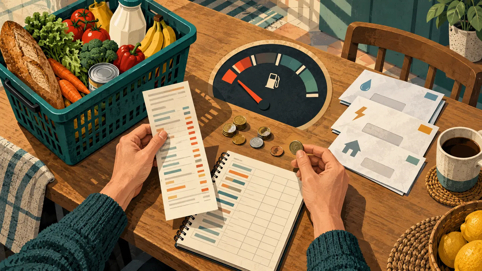 AI-assisted editorial illustration of a grocery basket, fuel gauge and household ledger representing monthly cost pressures.