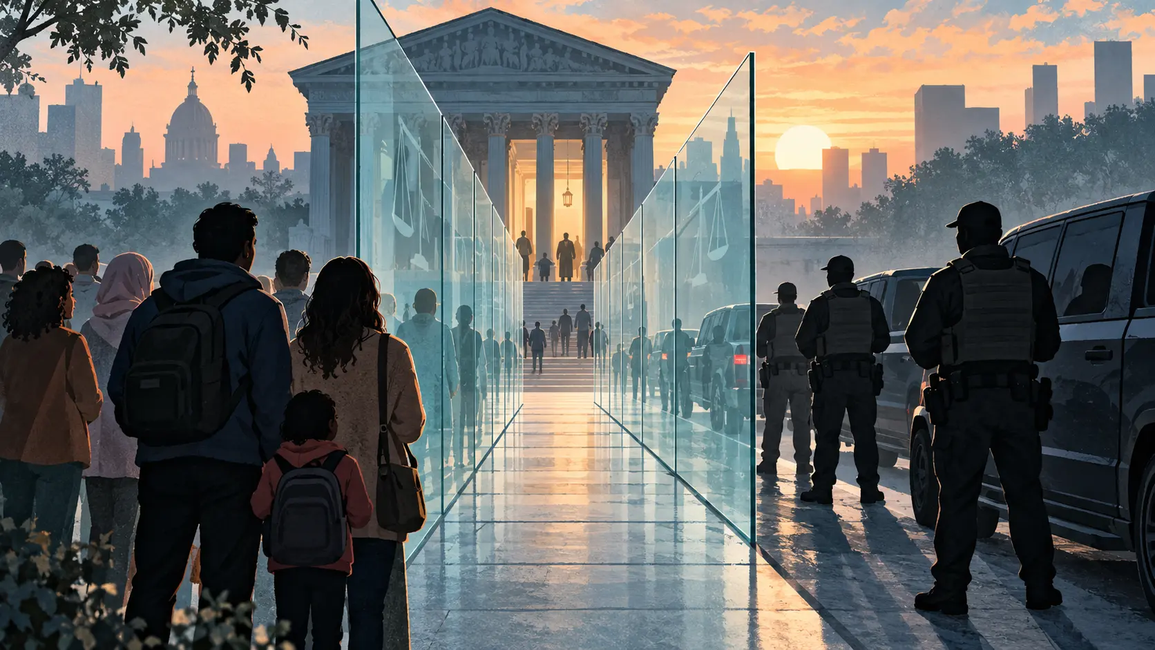AI-assisted editorial illustration of families and federal officers separated by a transparent path toward a courthouse.