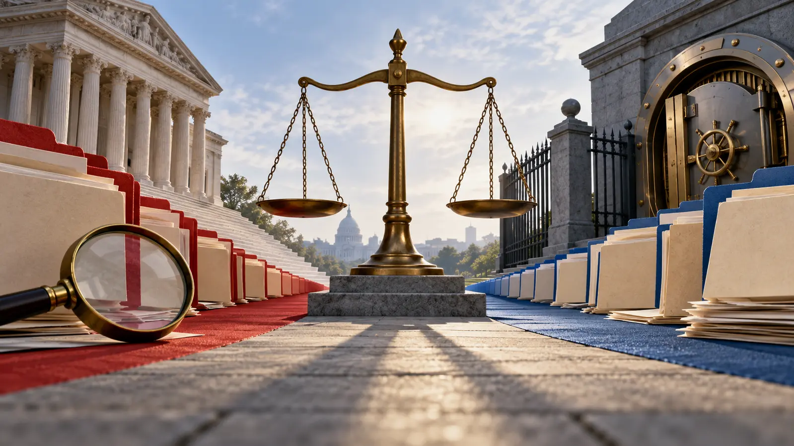 AI-assisted editorial illustration of balanced scales between case files and a guarded treasury vault.
