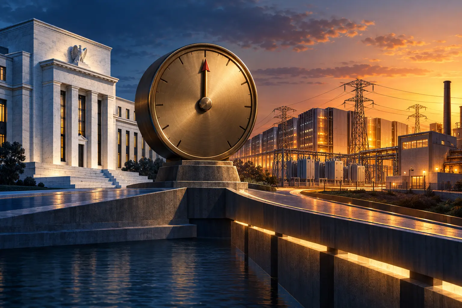 AI-assisted editorial illustration of the Federal Reserve, an interest-rate dial and energy-intensive industry