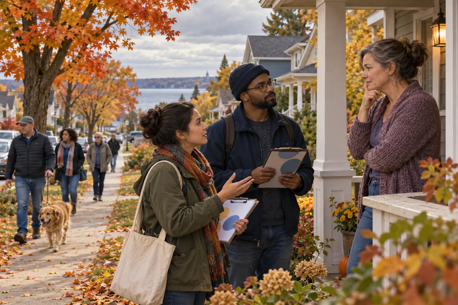 AI-assisted editorial illustration of canvassers listening to a Michigan homeowner on an autumn neighborhood porch