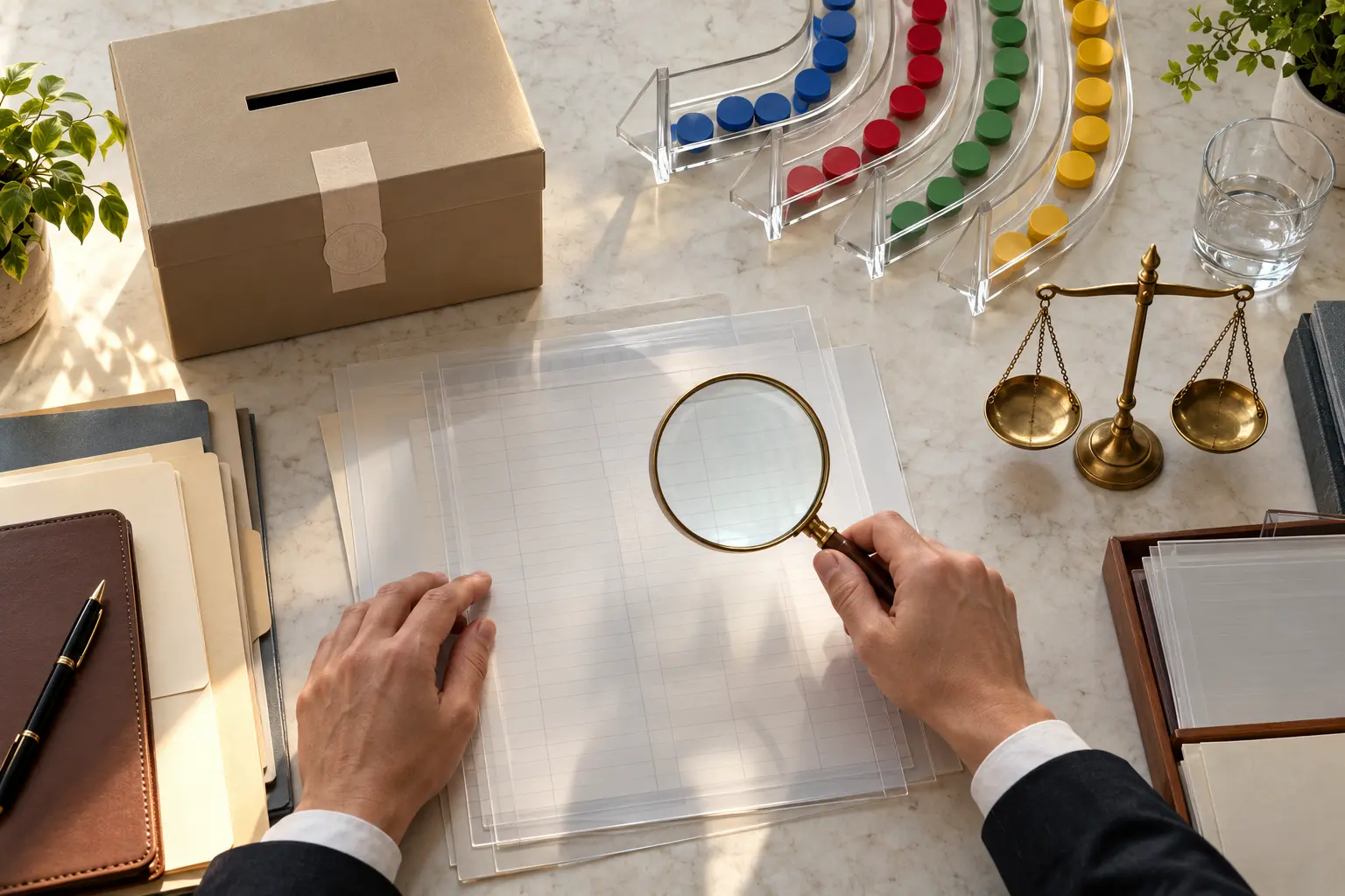 AI-assisted editorial illustration of blank campaign-finance ledgers, contribution channels, a magnifying glass and a balance scale.