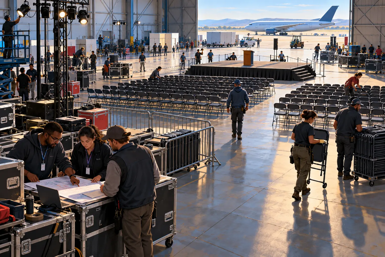 AI-assisted editorial illustration of event staff preparing an airport hangar for a campaign rally, with chairs, stage equipment and an aircraft.