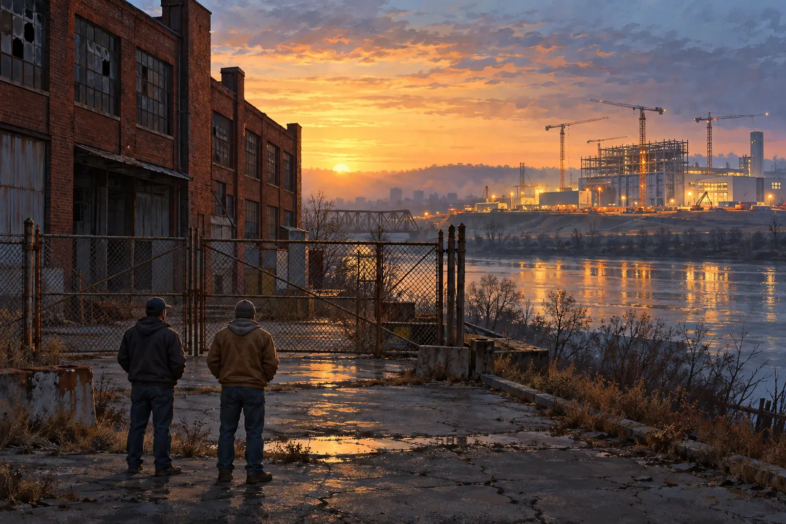 AI-assisted editorial illustration of workers facing an idled factory while a new industrial plant rises across a river.