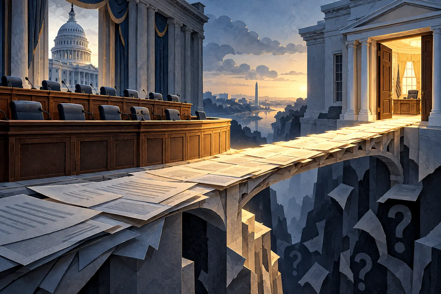 AI-assisted editorial illustration of a paper bridge linking a congressional committee room to an executive office across an institutional divide.