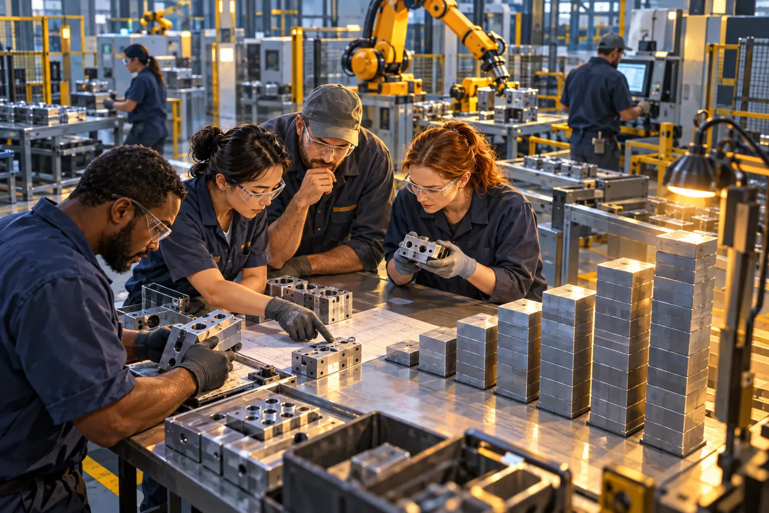 AI-assisted editorial illustration of skilled factory workers reviewing precision components beside automated machinery.