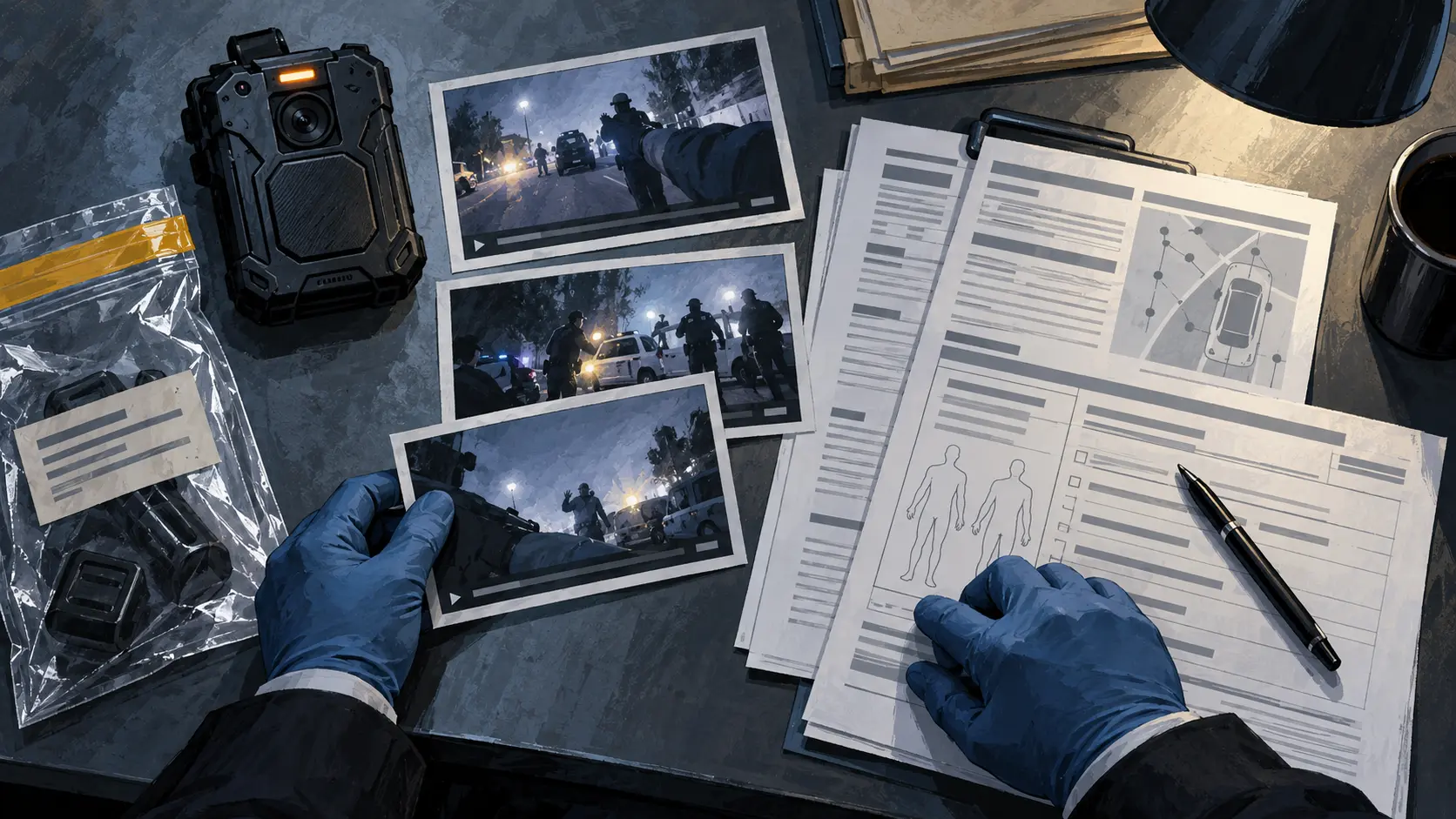 AI-assisted editorial illustration of a body-worn camera, evidence materials and incident reports under review.