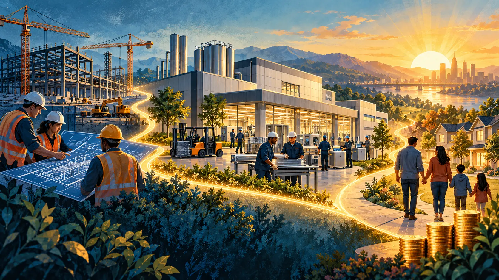 AI-assisted editorial illustration of a factory, workers and economic indicators connected by a staged timeline.