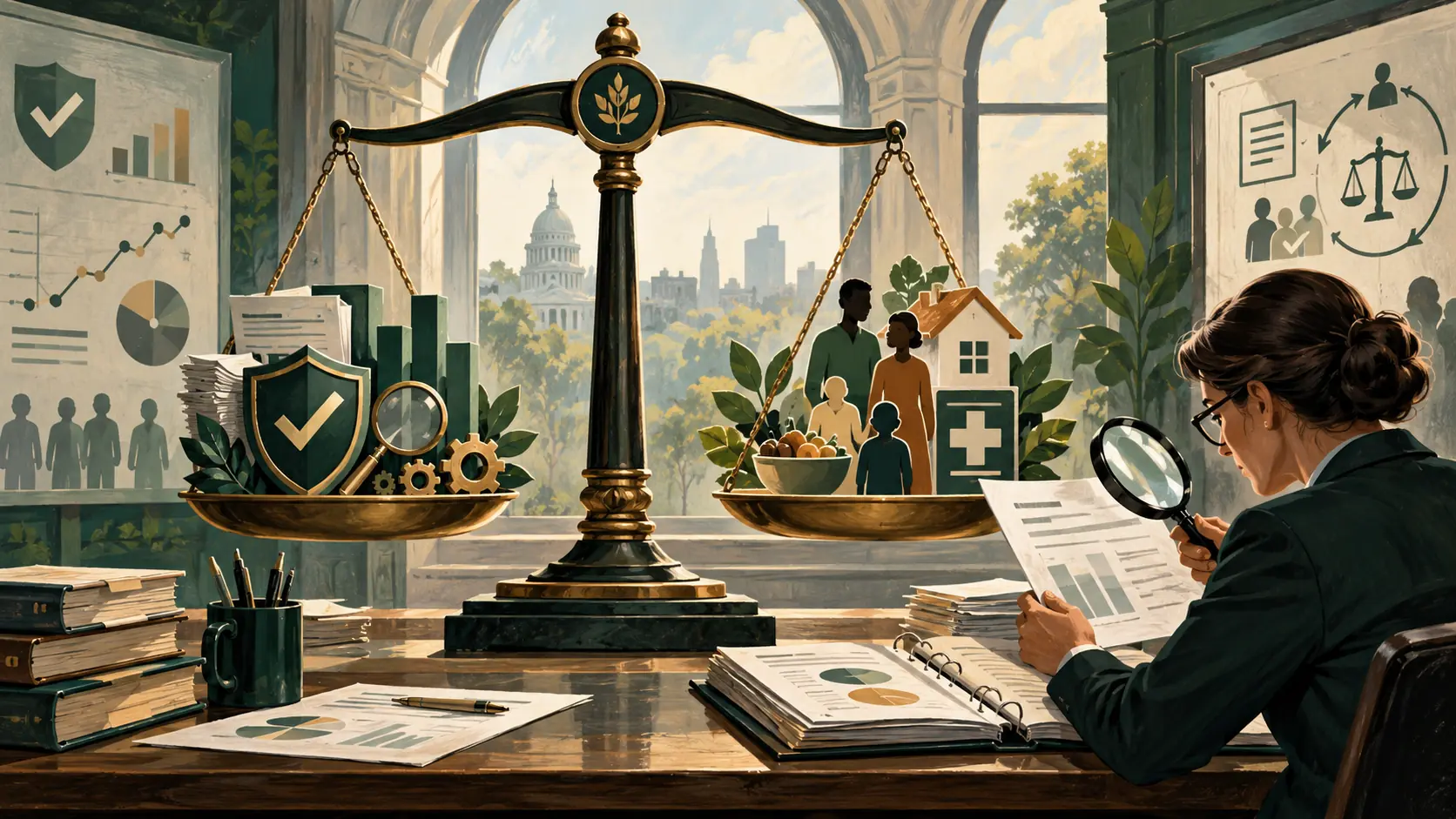 AI-assisted editorial illustration of an auditor balancing fraud controls against access to health, food and housing benefits.