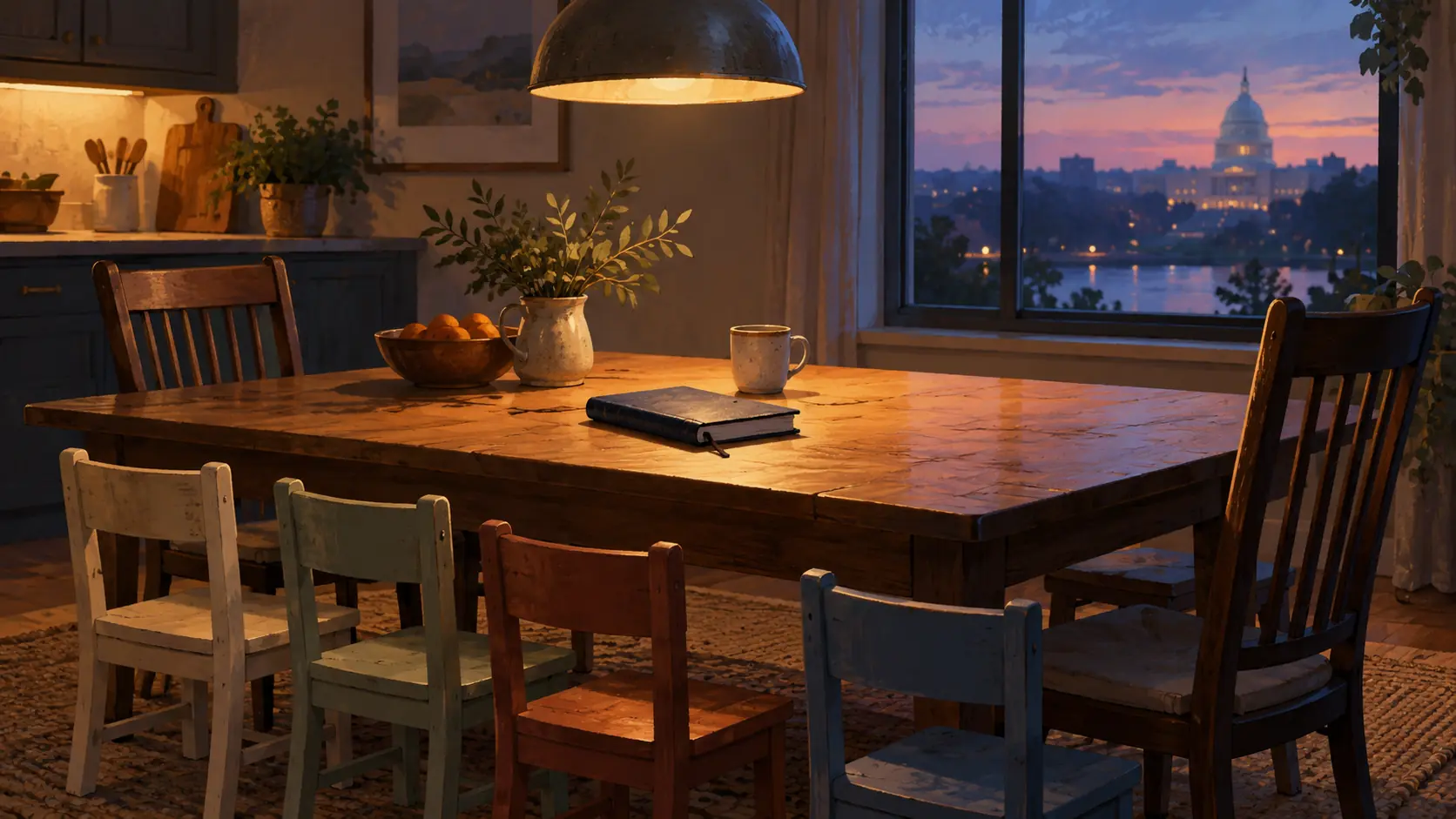 AI-assisted editorial illustration of an empty family kitchen table with two adult chairs, four smaller chairs and the Capitol in the distance.