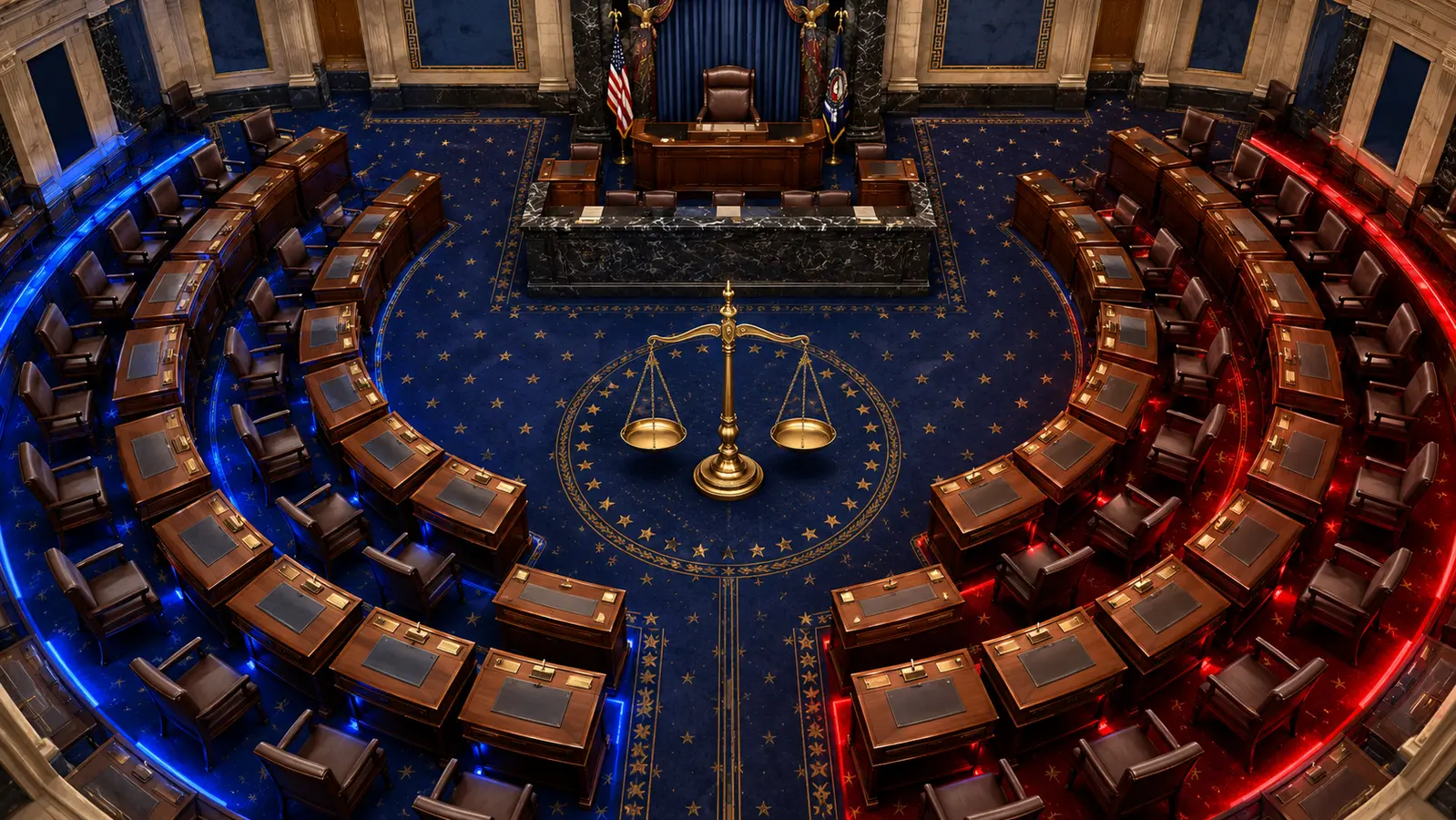 AI-assisted editorial illustration of an evenly divided Senate chamber viewed from above with a balanced brass scale at its center.