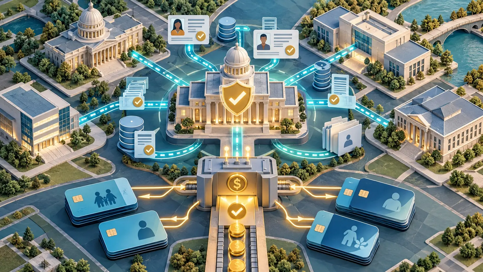 AI-assisted editorial illustration of linked federal and state benefit systems checking identities and payments before funds are released.