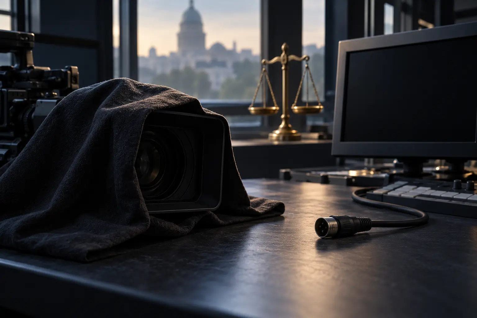 AI-assisted editorial illustration of a covered camera, disconnected broadcast cable, dark monitor and brass justice scales.