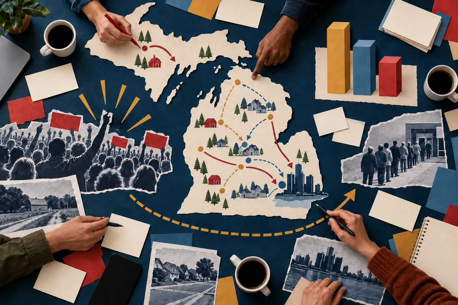 AI-assisted editorial illustration of an overhead Michigan turnout strategy table with blank notes, abstract charts and campaign routes.
