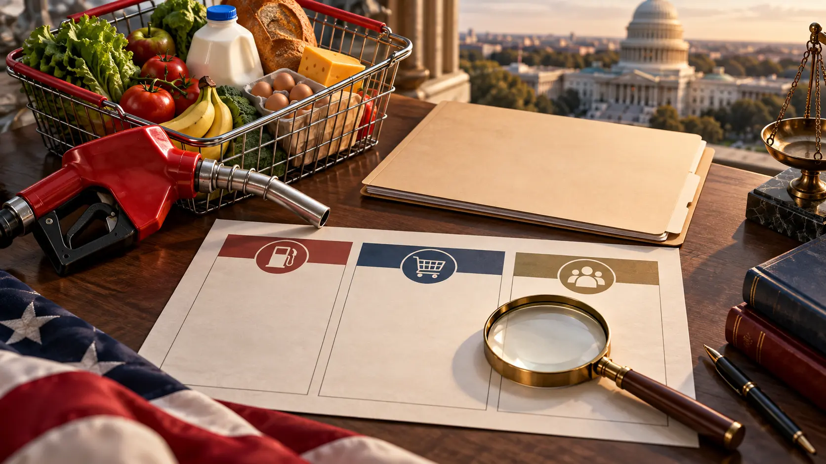 AI-assisted editorial illustration of a fuel nozzle, grocery basket, blank policy folders and a magnifying glass over a public scorecard.