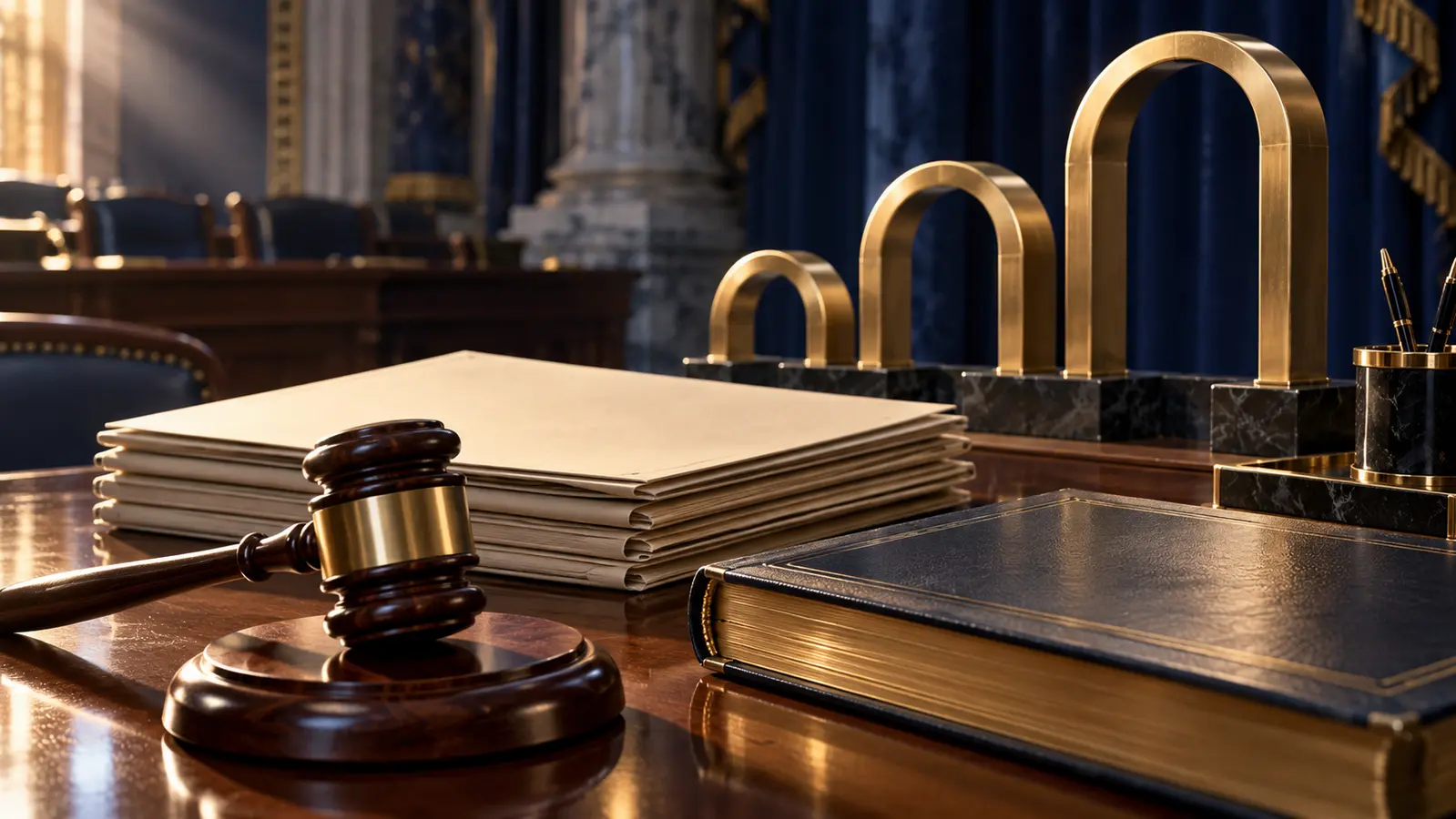 AI-assisted editorial illustration of a Senate desk with a gavel, blank folders and rising brass arches symbolizing voting thresholds.
