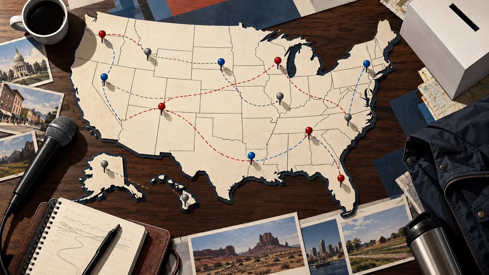 AI-assisted editorial illustration of a U.S. campaign map, route pins, a microphone, a ballot box and travel notes viewed from above.