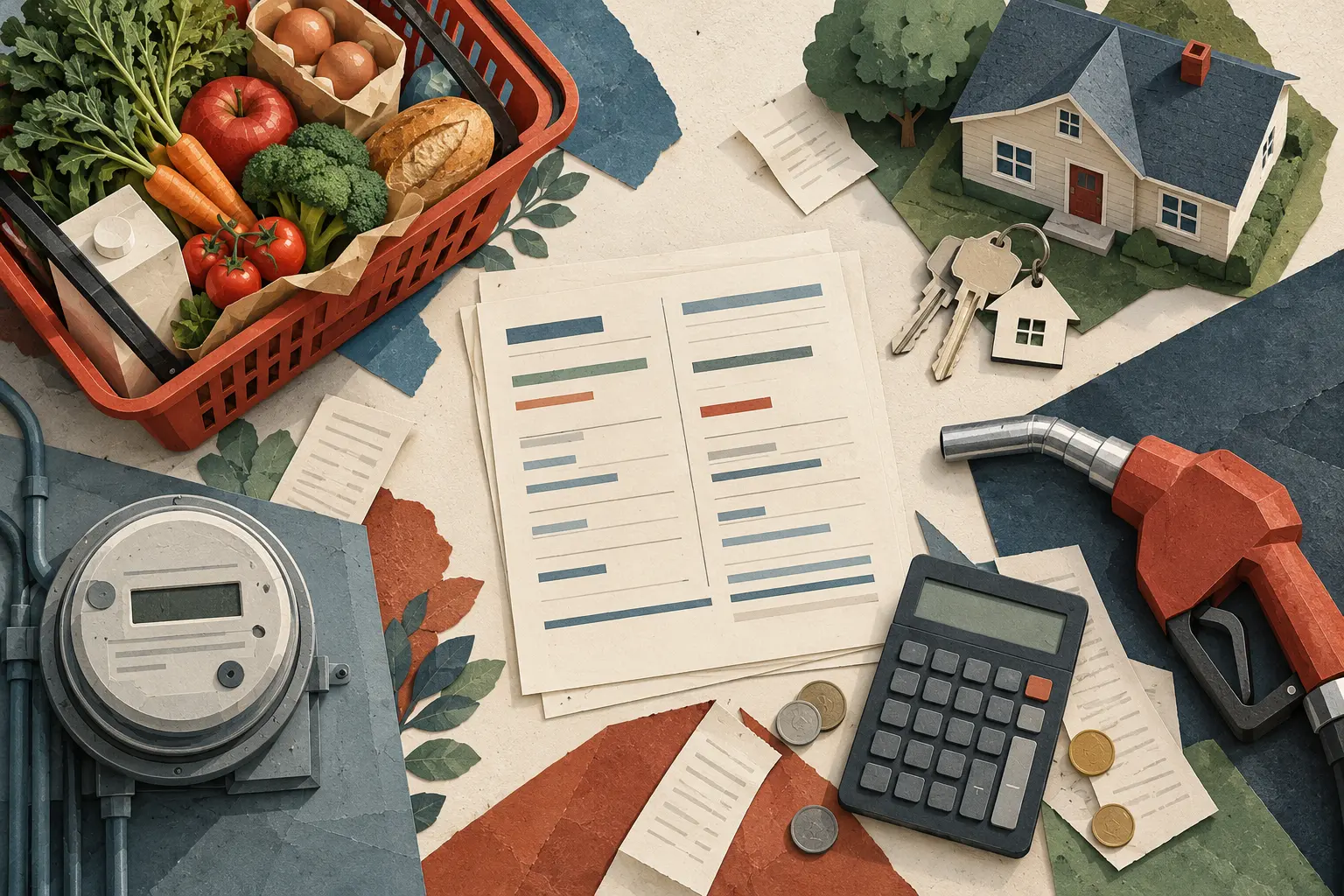 AI-assisted editorial illustration of groceries, housing, fuel and utility costs arranged around a household budget