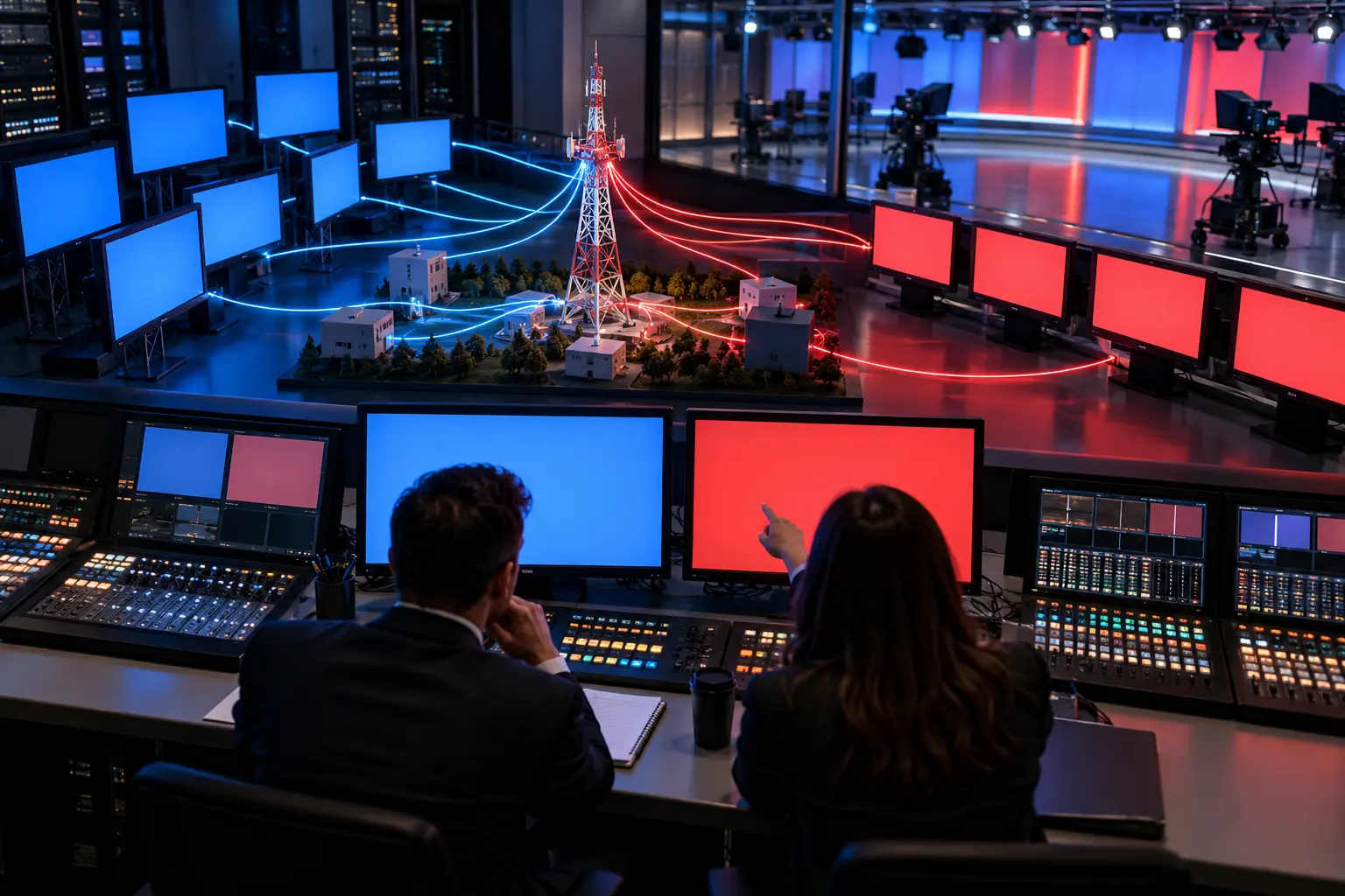 AI-assisted editorial illustration of a conceptual broadcast control room linking party-coordinated advertising to television airtime.