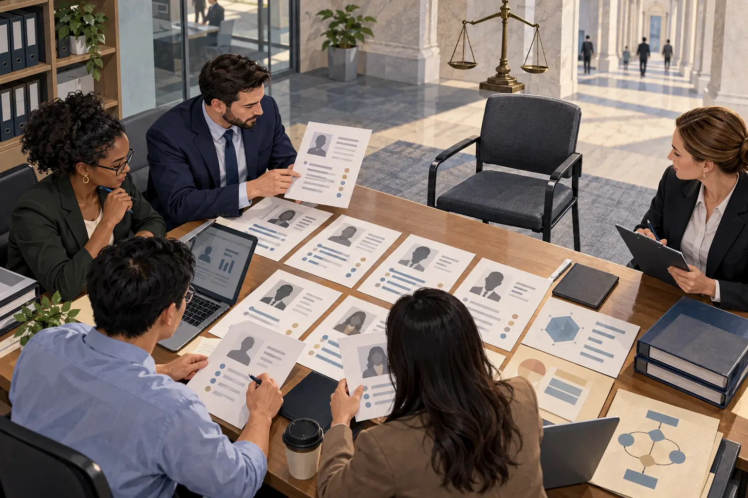 AI-assisted editorial illustration of a hiring team reviewing anonymized applicant profiles during a conceptual labor-certification process.