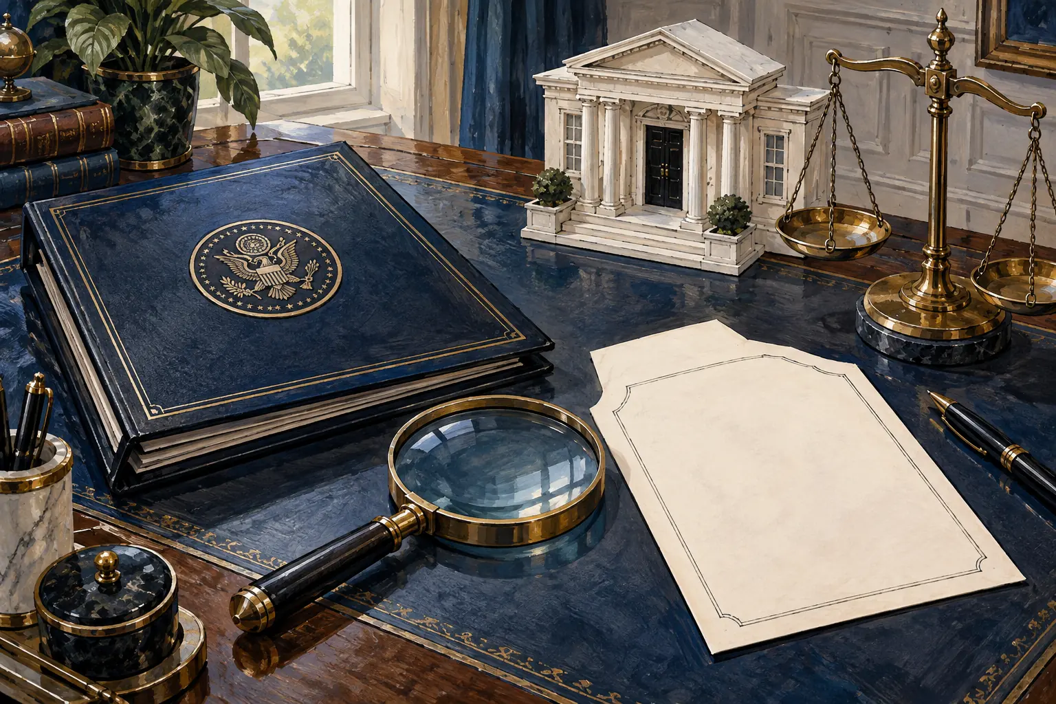 AI-assisted editorial illustration of a closed government folder, blank legal paper, magnifying glass, White House model and scales of justice.