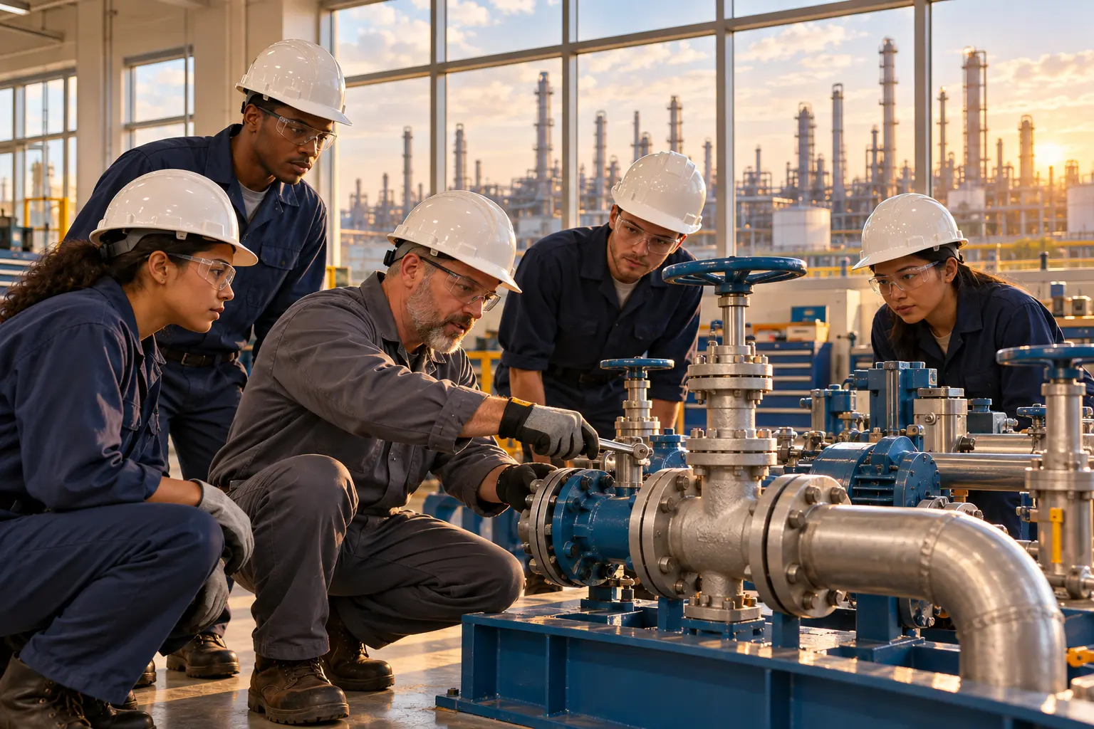 AI-assisted editorial illustration of refinery apprentices learning pump and valve maintenance in a vocational workshop.