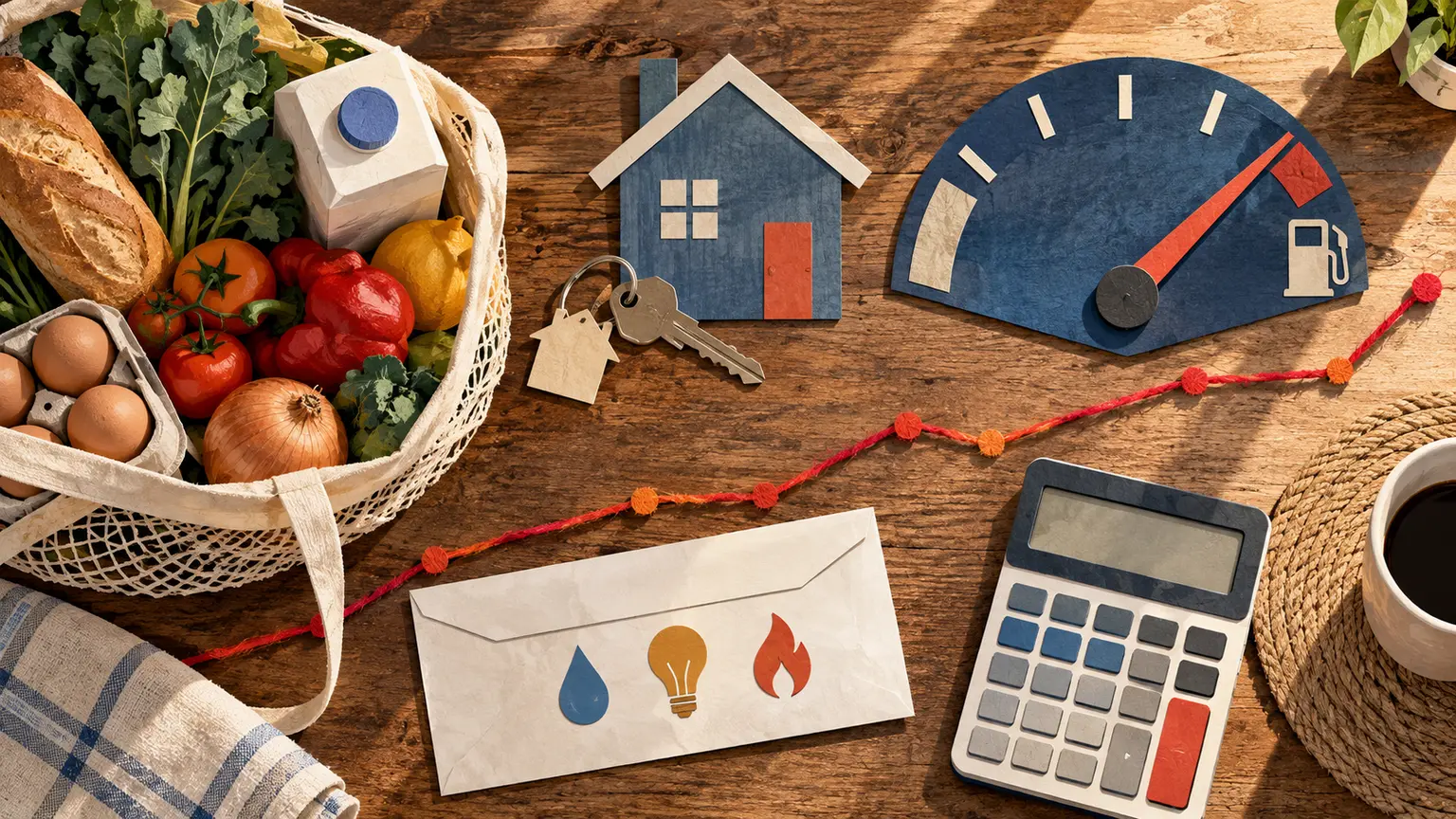 AI-assisted editorial illustration of groceries, a house key, utility symbols and a fuel gauge arranged on a household budget table.