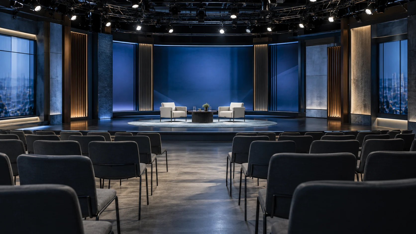 AI-assisted editorial illustration of an empty conceptual television town-hall studio.