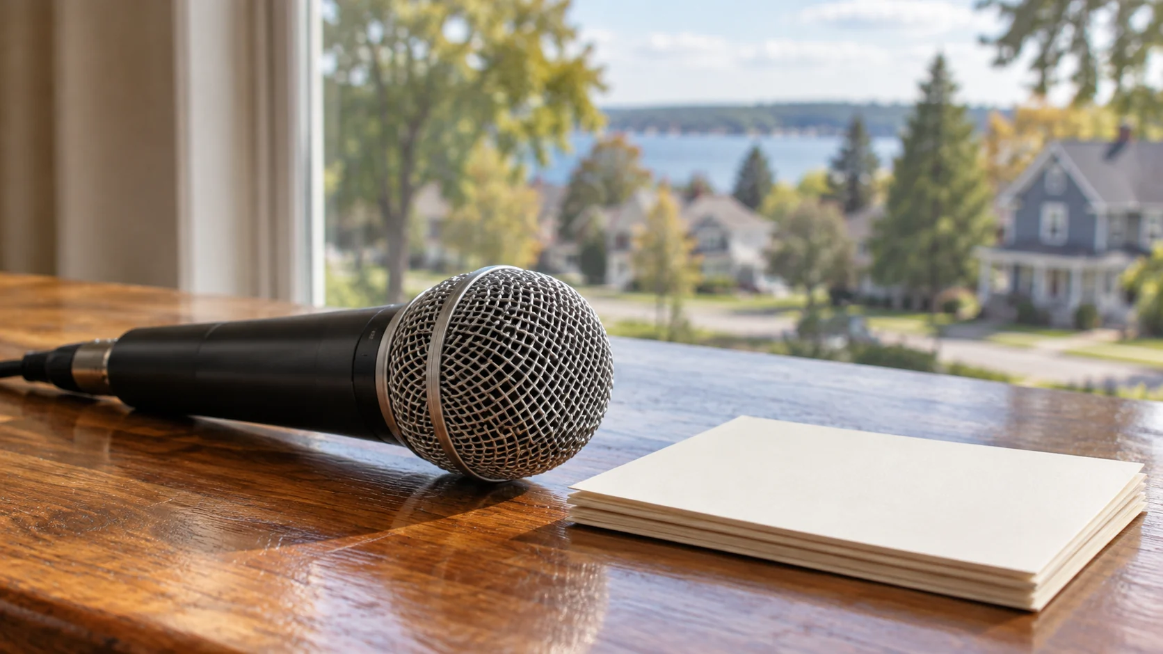 AI-assisted editorial illustration of a microphone and blank question cards beside a window.