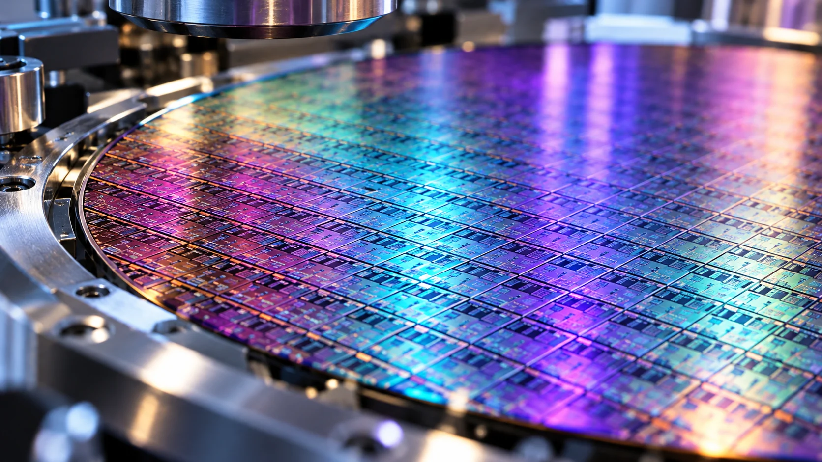 AI-assisted editorial illustration of an iridescent silicon wafer in precision equipment.