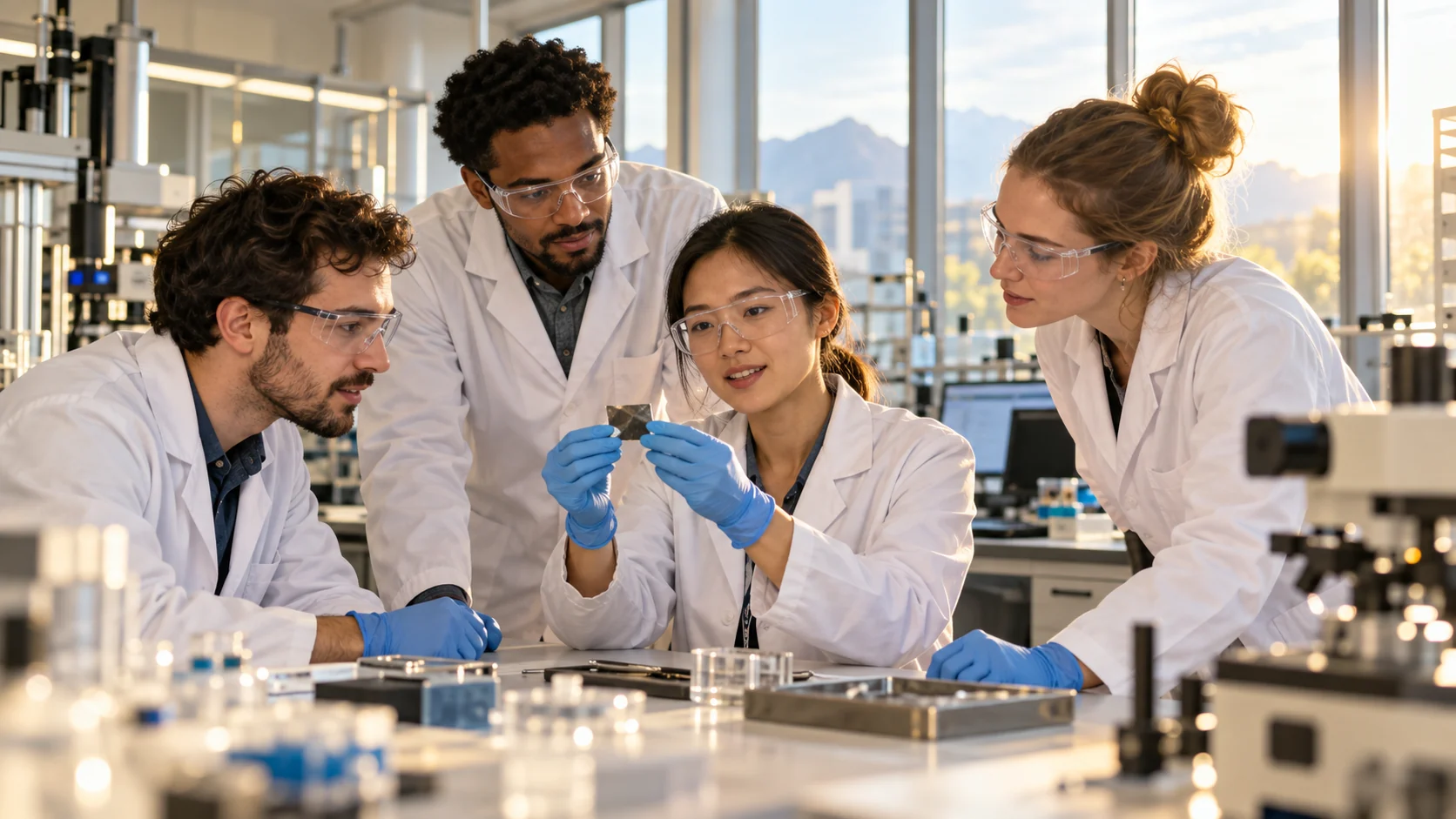 AI-assisted editorial illustration of a research team discussing work in a sunlit materials laboratory.