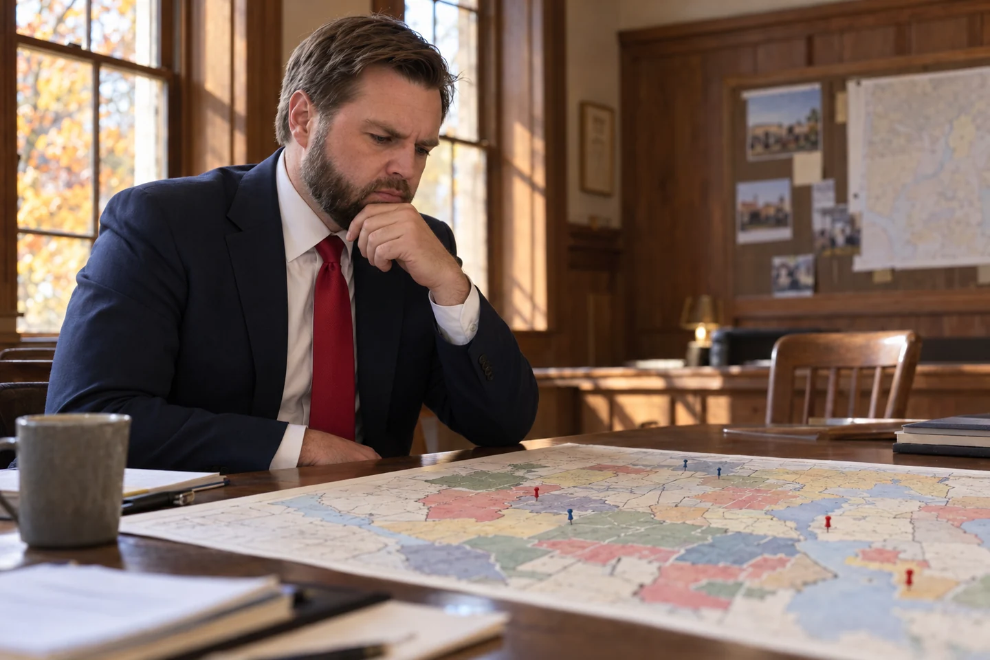 AI-assisted editorial illustration of JD Vance in a red tie studying an abstract congressional campaign map.
